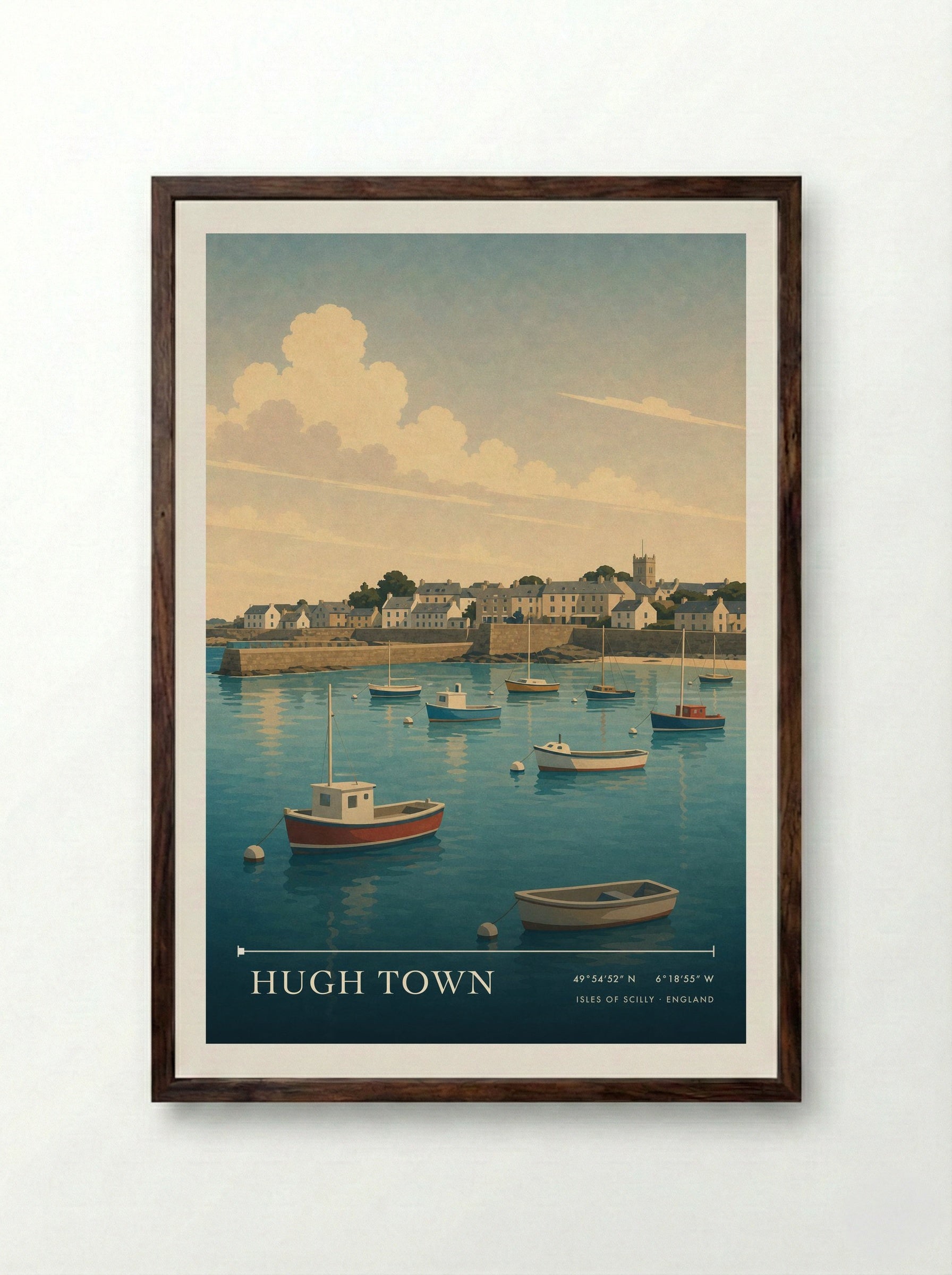 Hugh Town Isles of Scilly England Travel Poster - Framed Print Dark Wood