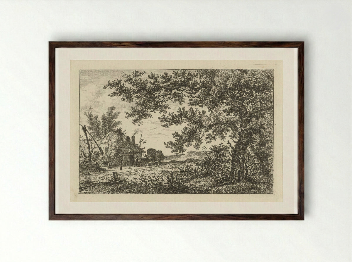 Huifkar bij boerderij (Covered Wagon by a Farmhouse) - Hermanus Fock - Framed Print Dark Wood