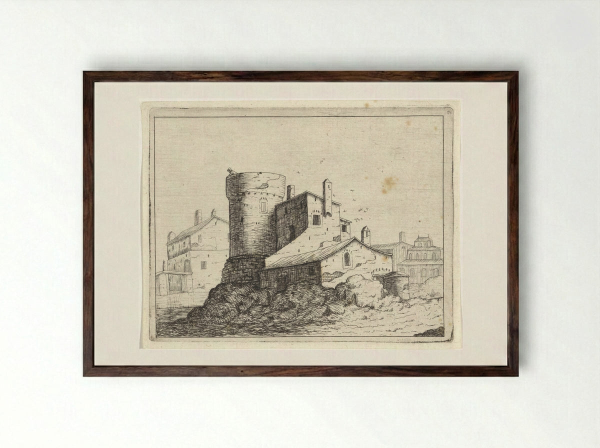 Huis tegen een ronde toren - M. Schaep - Framed Print Dark Wood