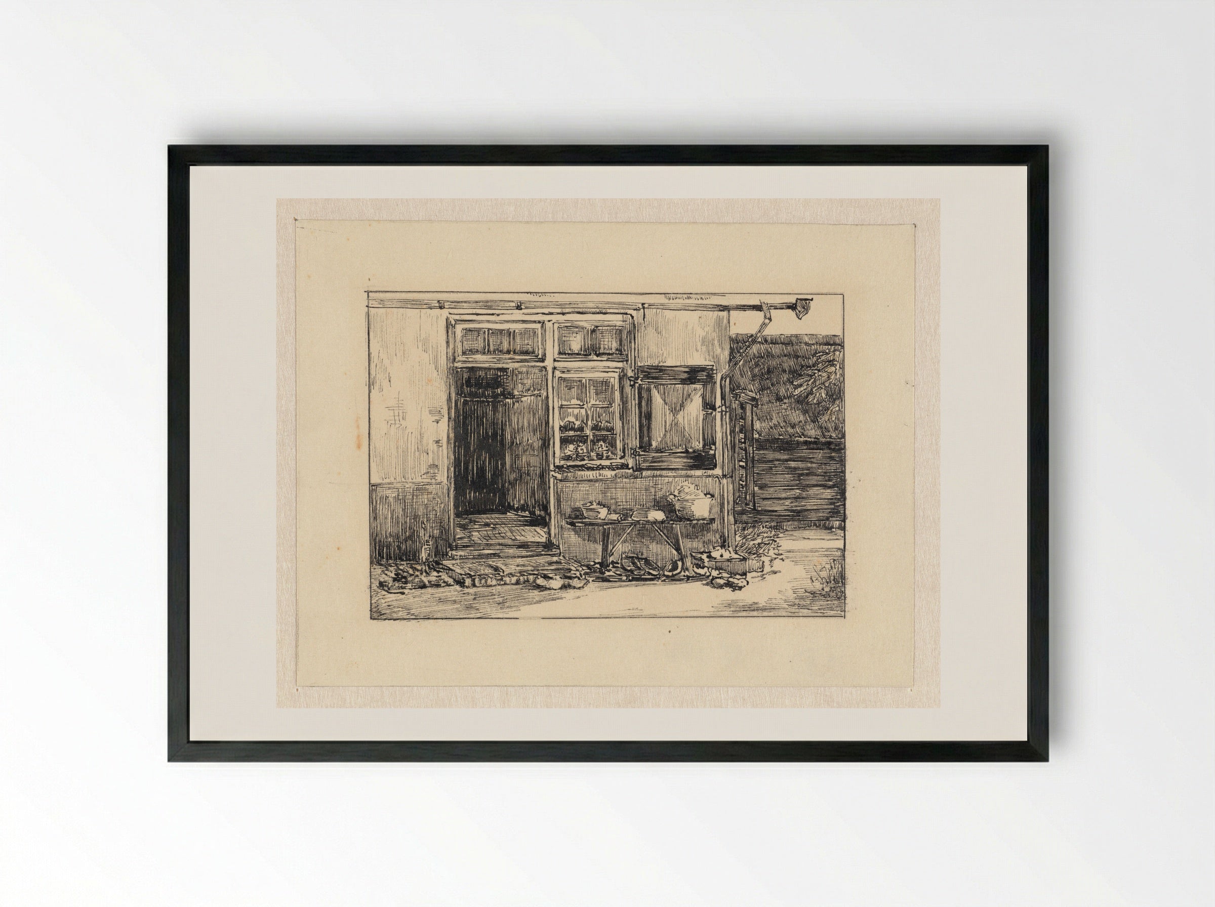 Huisje met potten en pannen op een bankje voor de deur - Johanna Quirina van Regteren Altena - Framed Print Black
