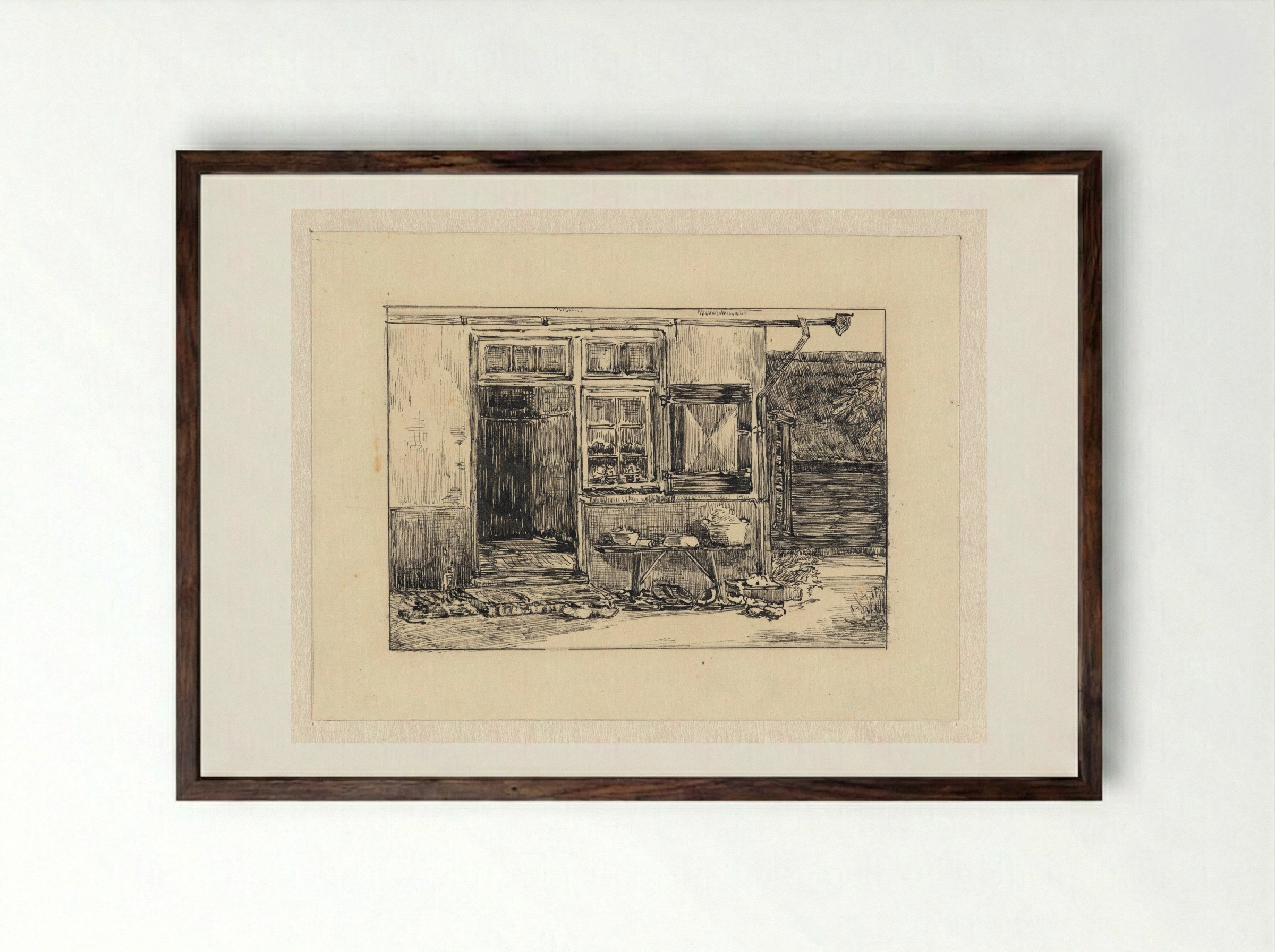 Huisje met potten en pannen op een bankje voor de deur - Johanna Quirina van Regteren Altena - Framed Print Dark Wood