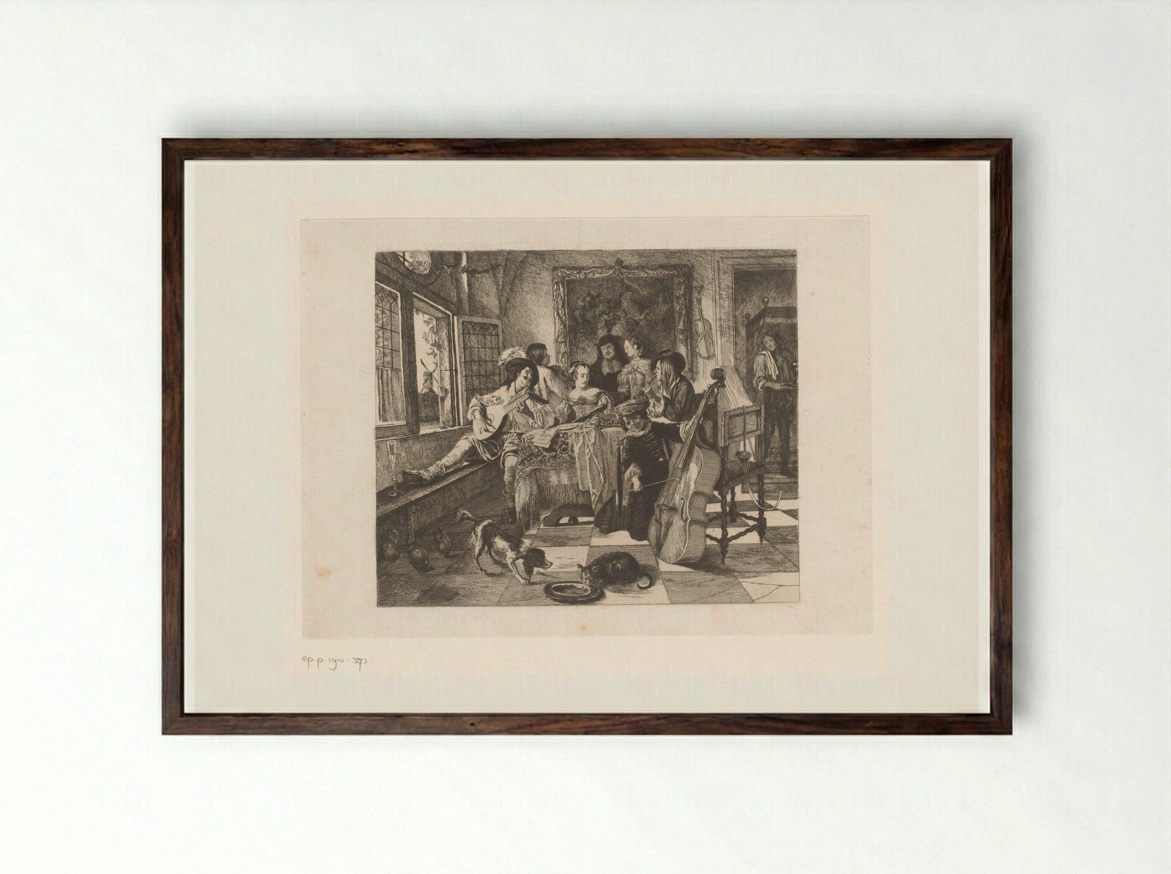 Huiskamerconcert met drie muzikanten en een zangeres - Léopold Flameng - Framed Print Dark Wood