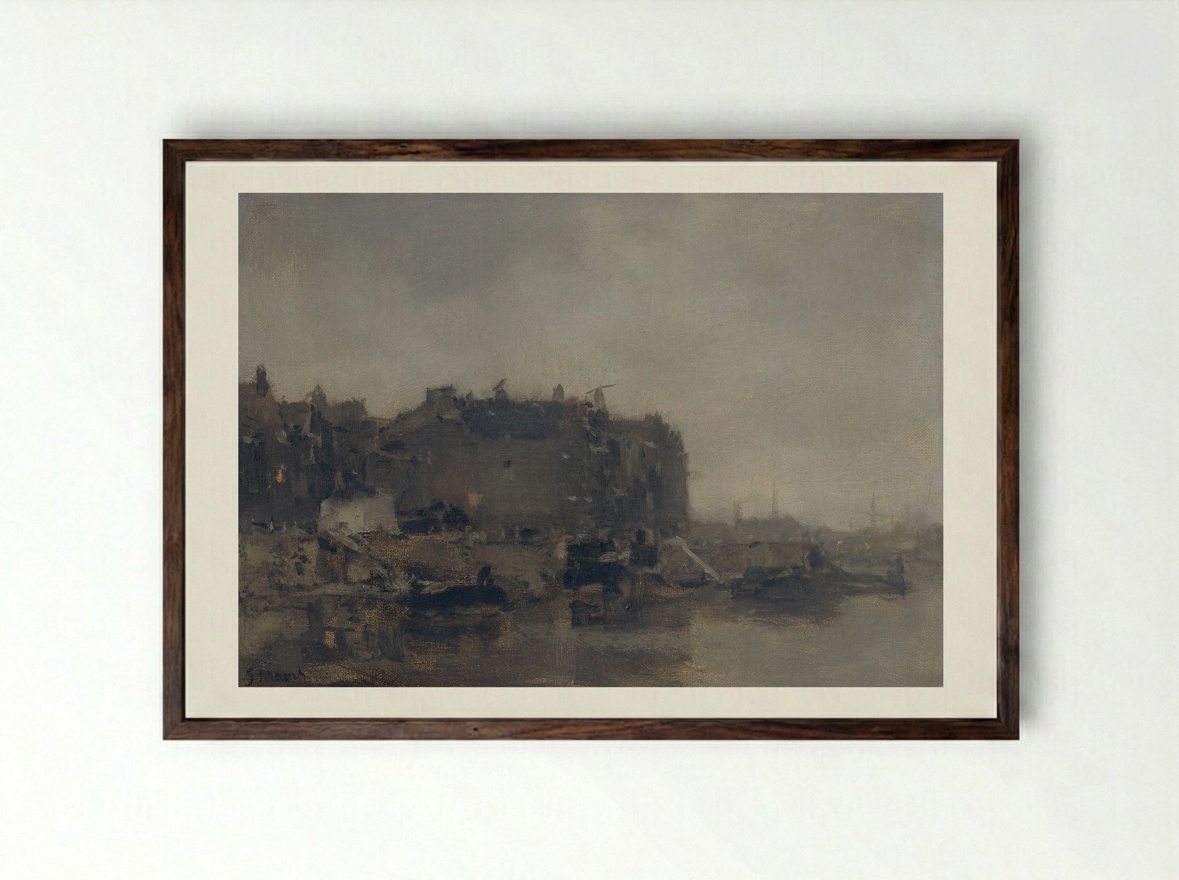 Huizen aan de Prins Hendrikkade te Amsterdam op een mistige dag - Jacob Maris - Framed Print Dark Wood
