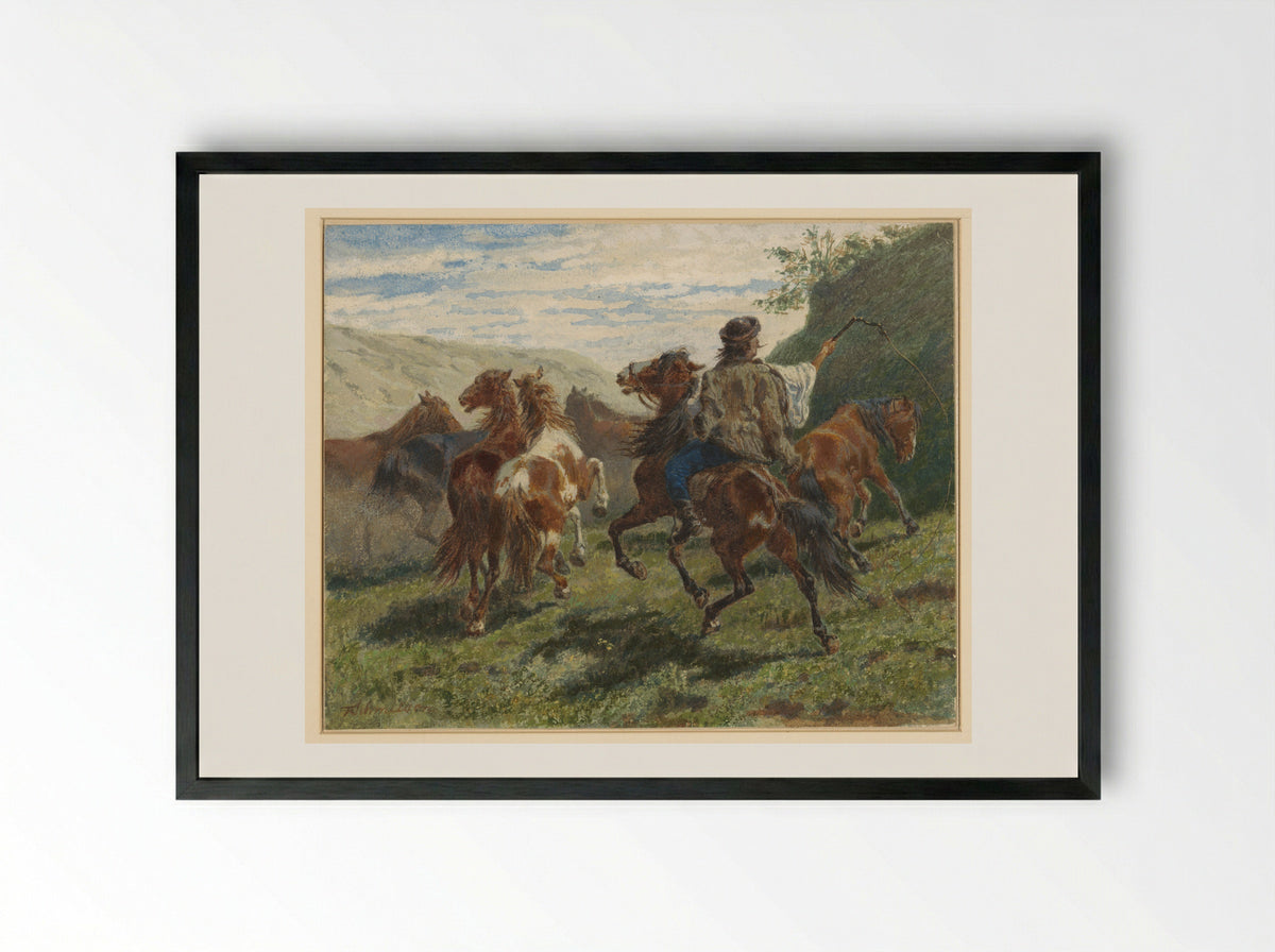 Hungarian Rider Herding Horses - F. Smithson - Framed Print Black