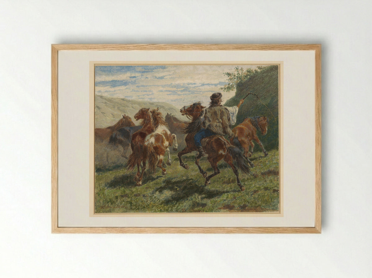 Hungarian Rider Herding Horses - F. Smithson - Framed Print Wood