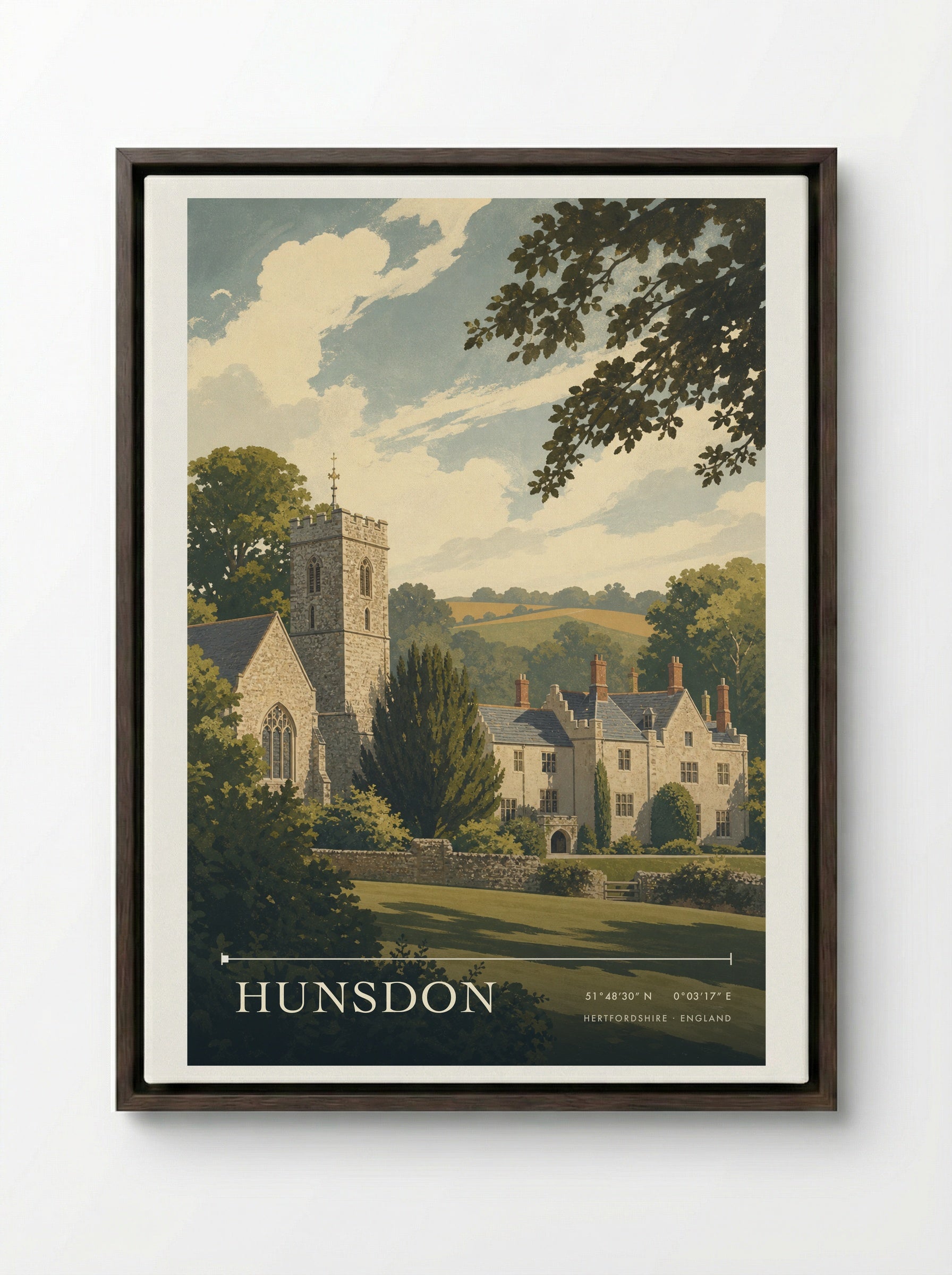 Hunsdon Hertfordshire England Travel Poster - Framed Canvas Dark Wood