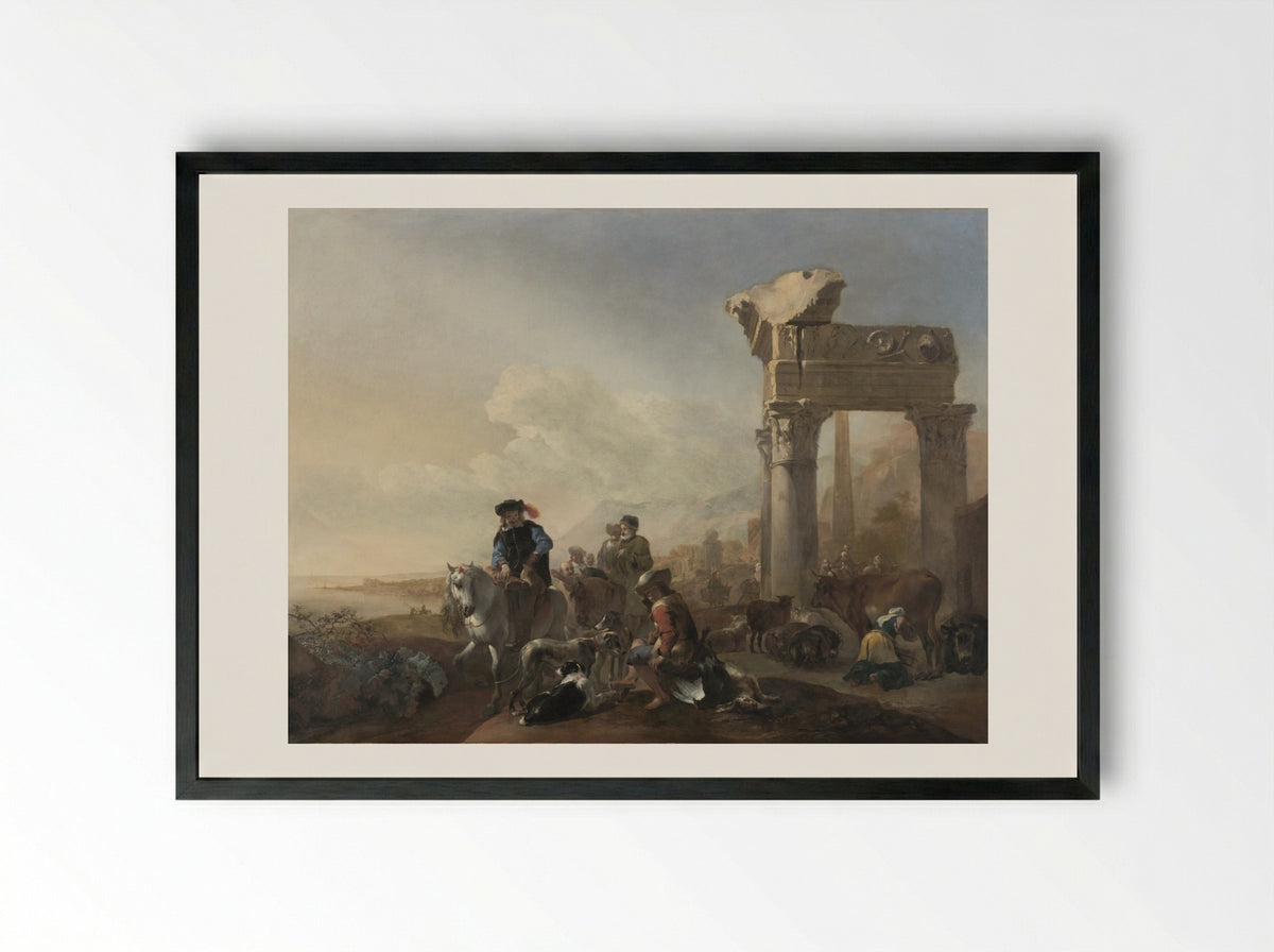 Hunters Near Ruins - Jan Baptist Weenix - Framed Print Black