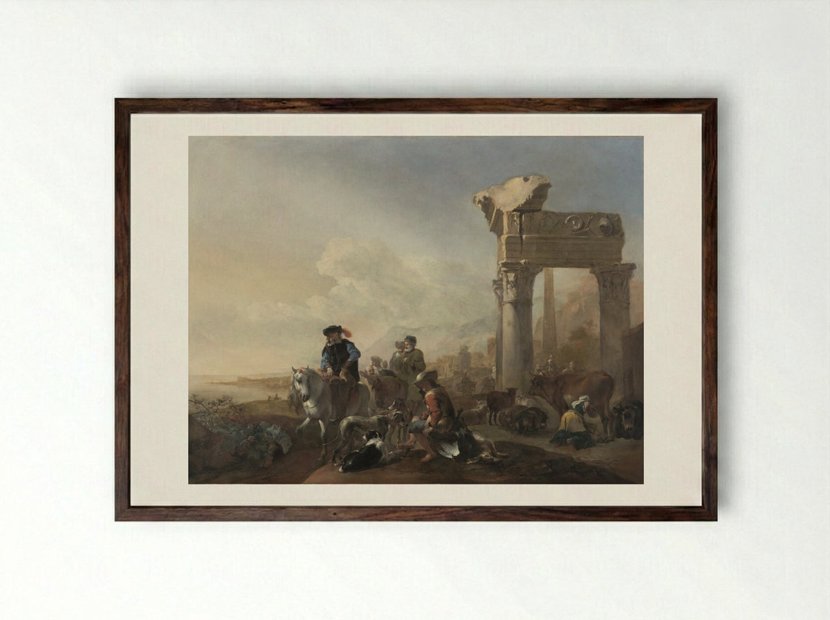 Hunters Near Ruins - Jan Baptist Weenix - Framed Print Dark Wood