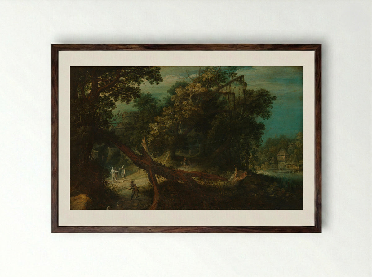 Hunters in a Forest Clearing - Adriaen van Stalbemt - Framed Print Dark Wood
