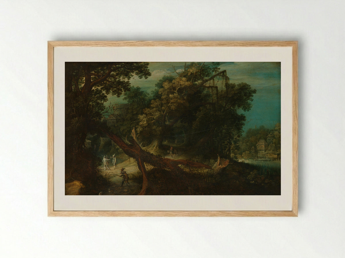 Hunters in a Forest Clearing - Adriaen van Stalbemt - Framed Print Wood