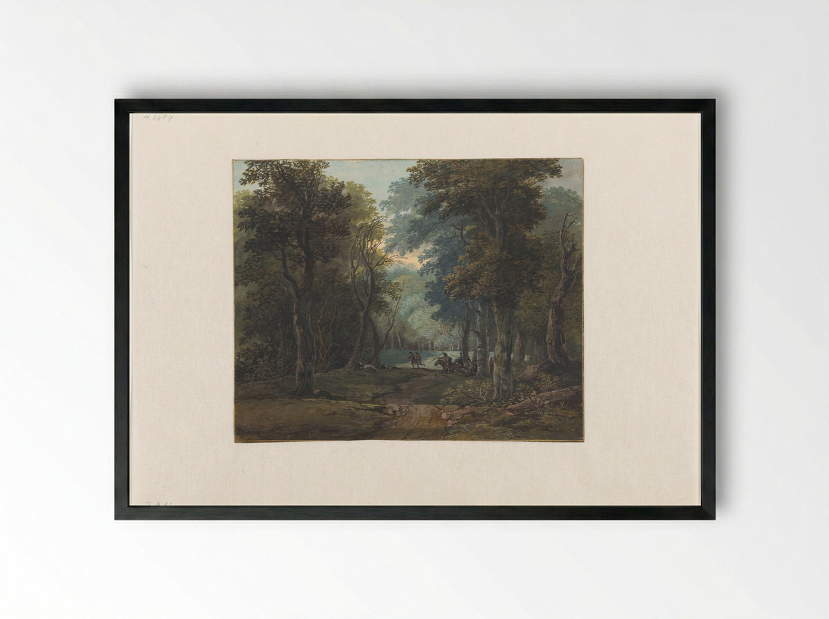 Hunters in a Forest - Gerrit Battem - Framed Print Black
