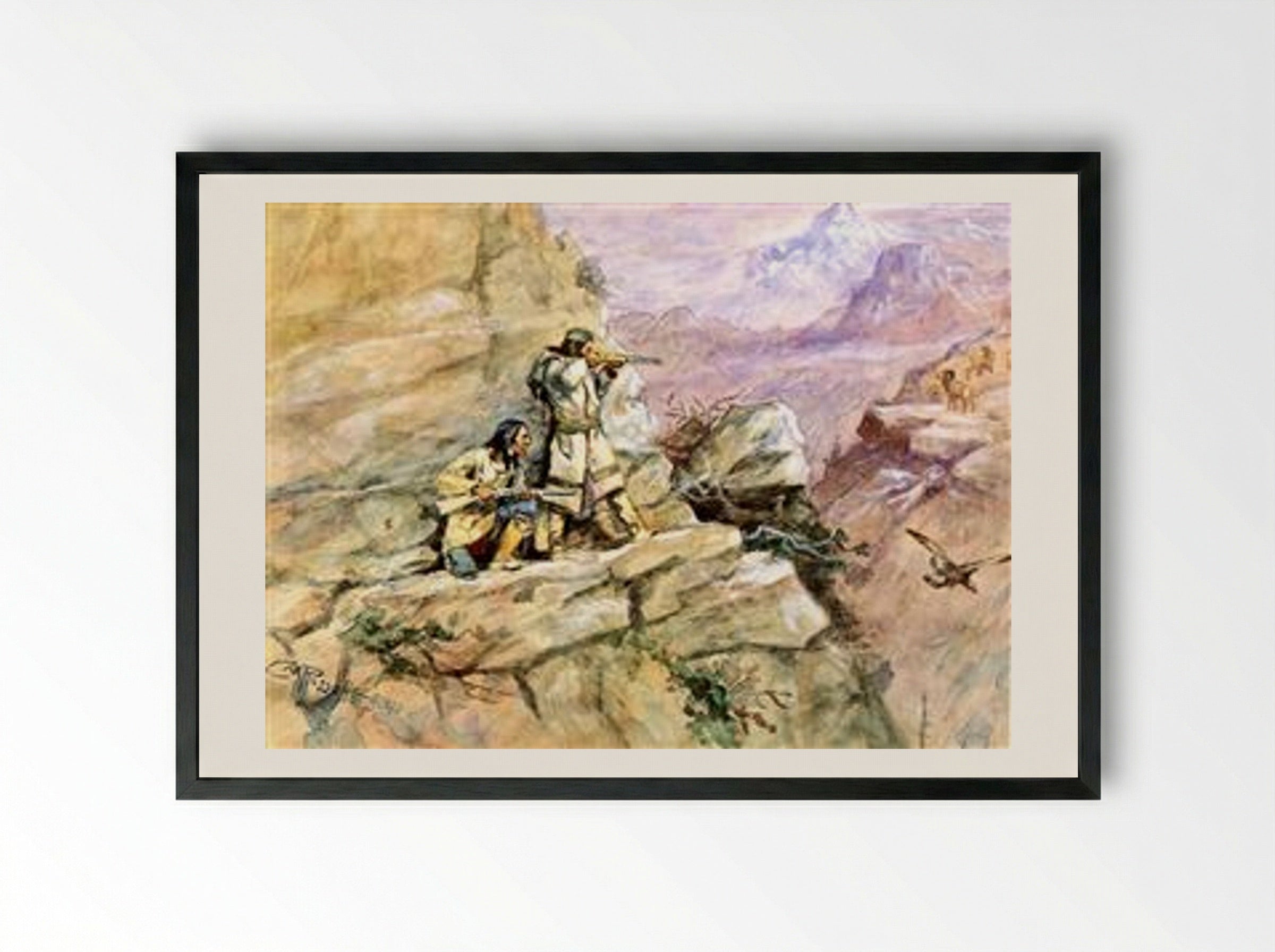 Hunting Big Horn Sheep - Charles M. Russell - Framed Print Black