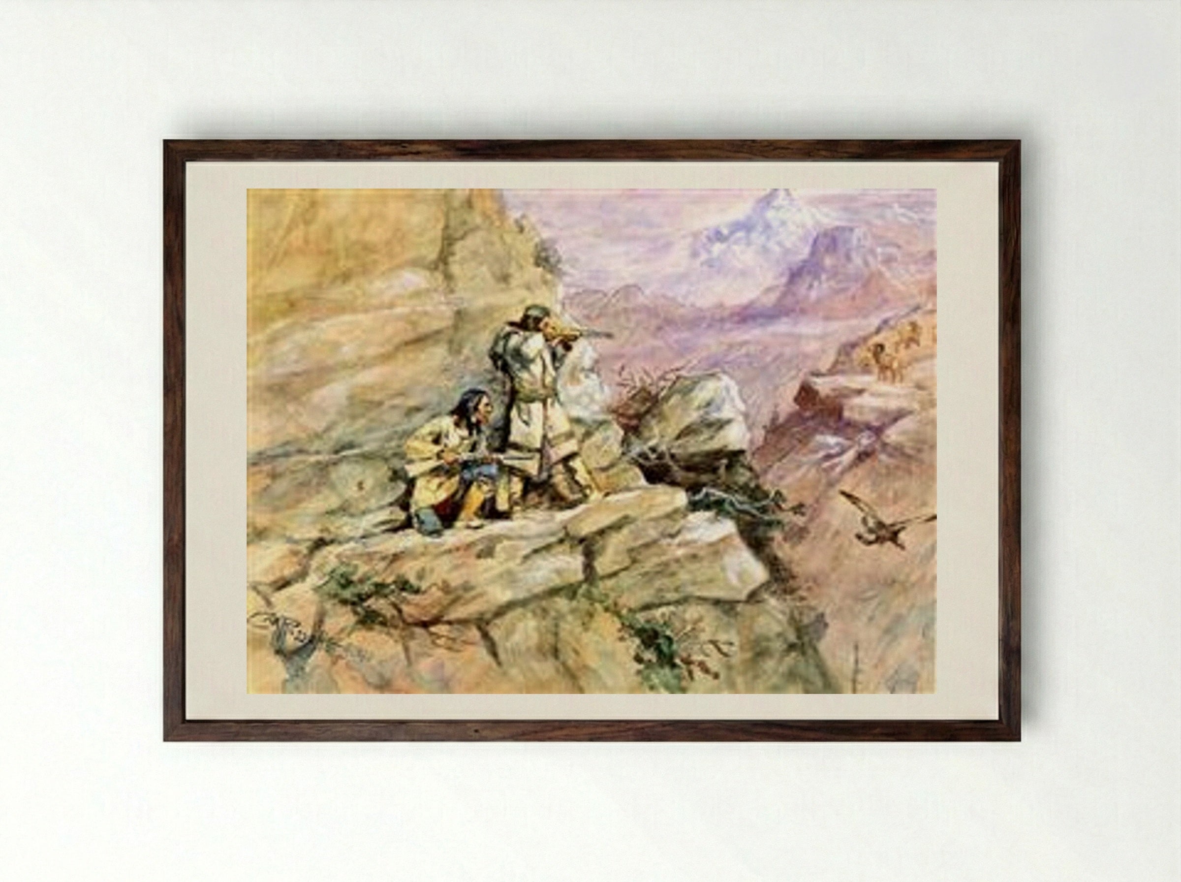 Hunting Big Horn Sheep - Charles M. Russell - Framed Print Dark Wood