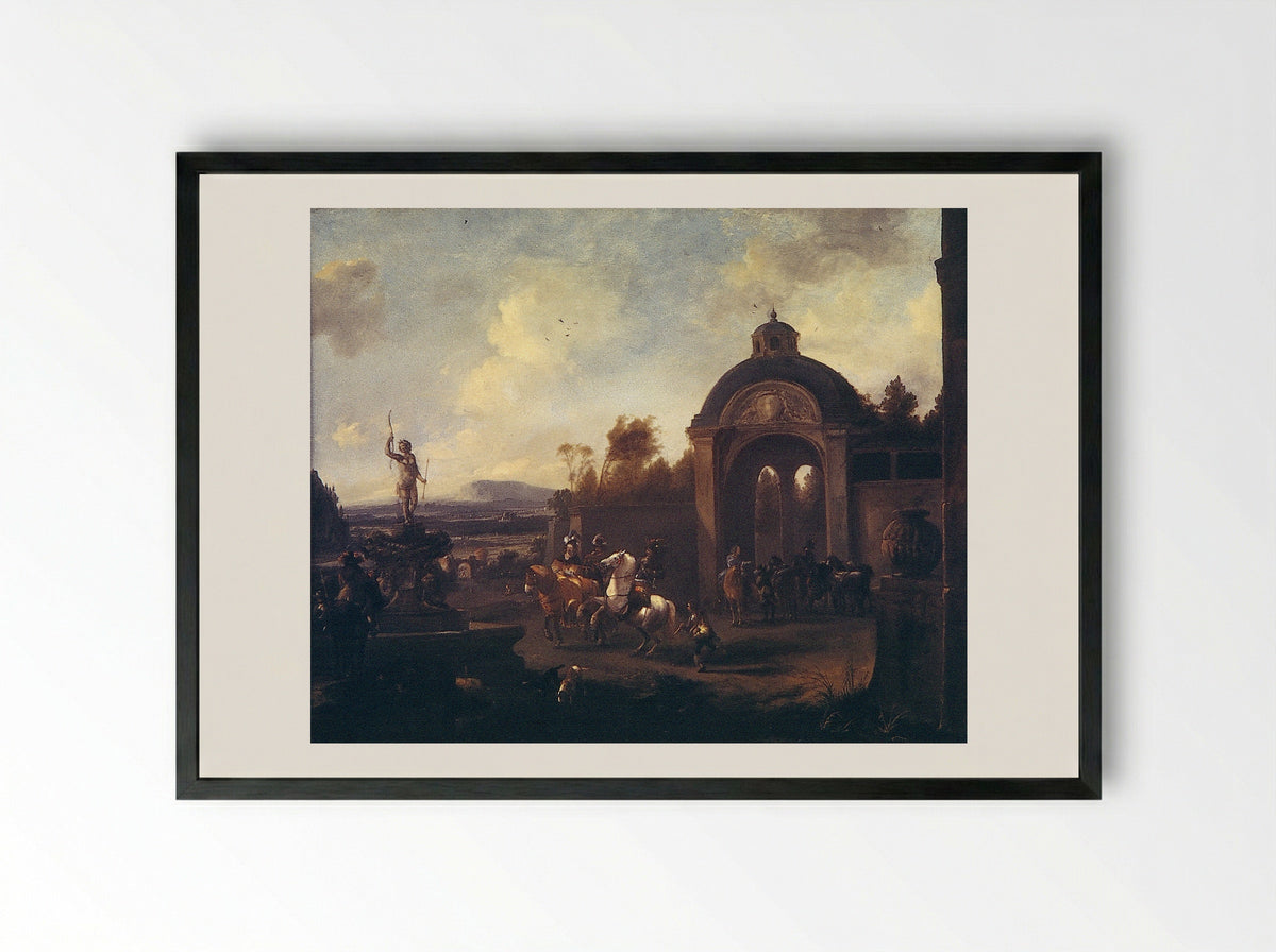 Hunting Party at a Fountain - Pieter Wouwerman - Framed Print Black