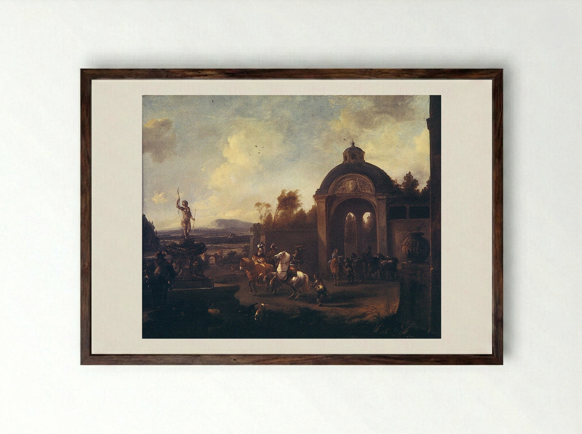 Hunting Party at a Fountain - Pieter Wouwerman - Framed Print Dark Wood