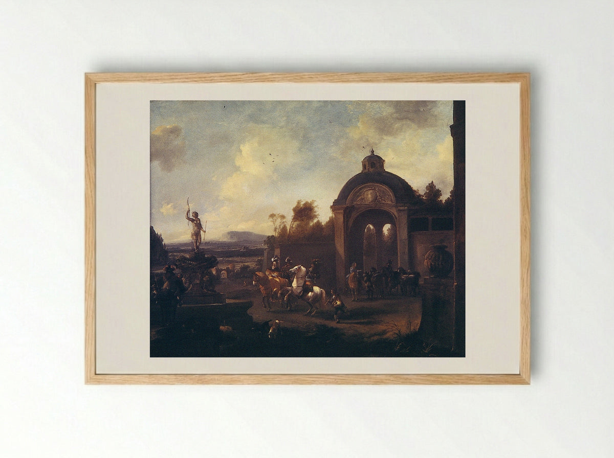 Hunting Party at a Fountain - Pieter Wouwerman - Framed Print Wood