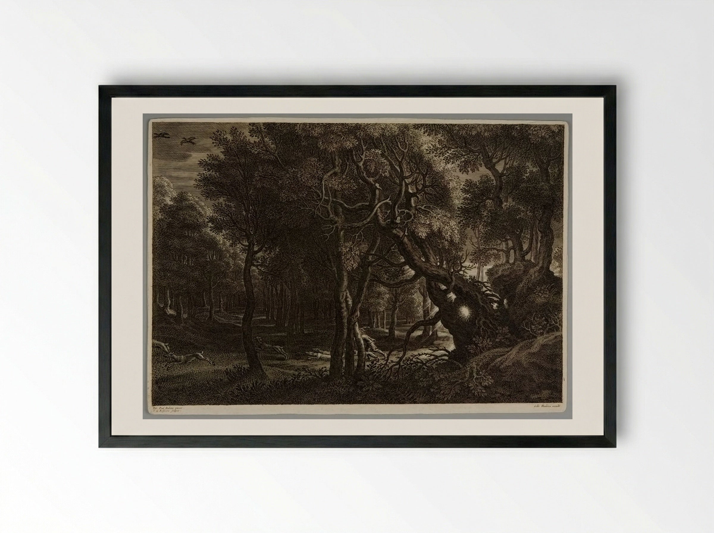 Hunting Scene in a Forest - Schelte Adamsz. Bolswert - Framed Print Black