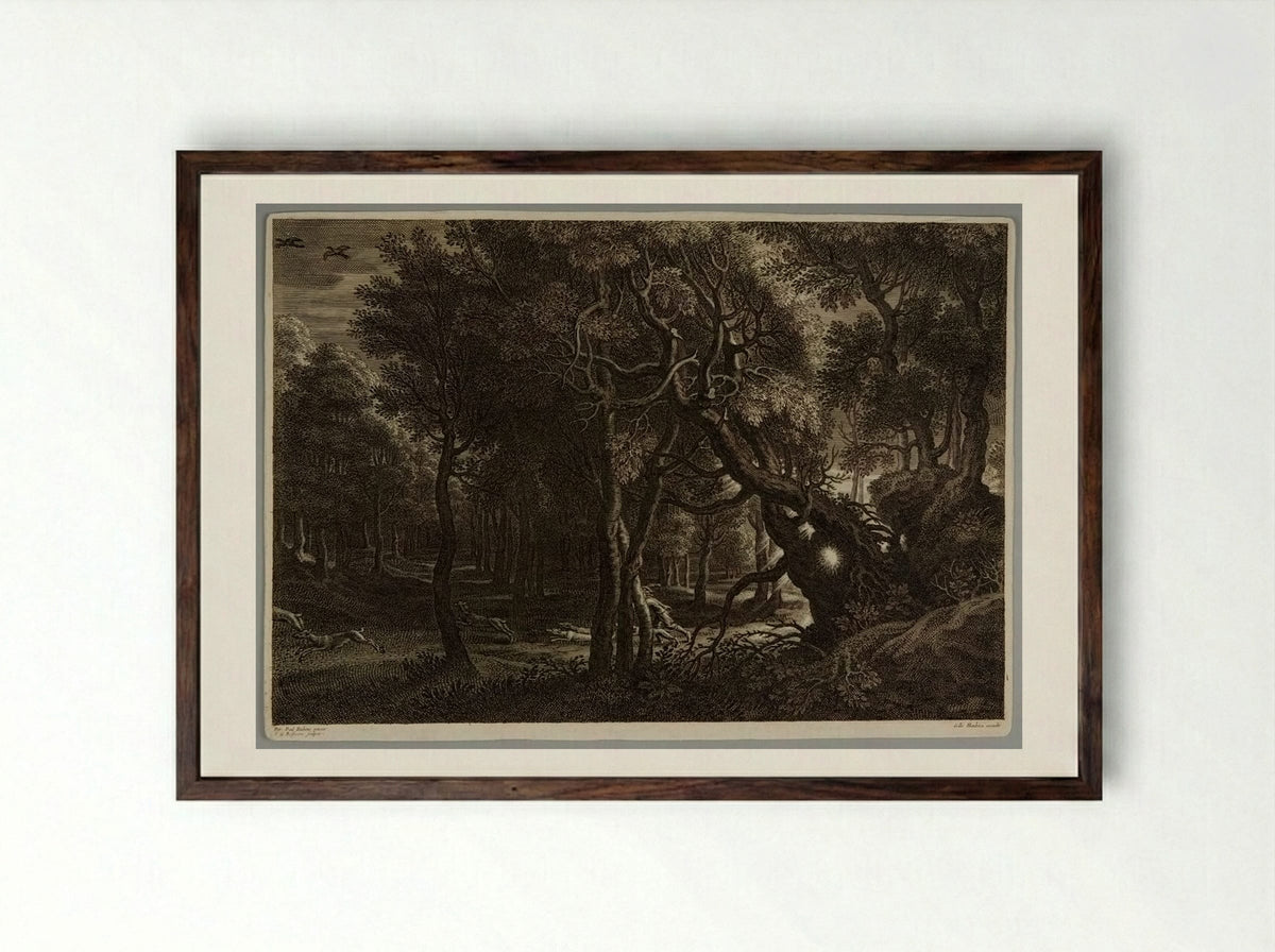 Hunting Scene in a Forest - Schelte Adamsz. Bolswert - Framed Print Dark Wood