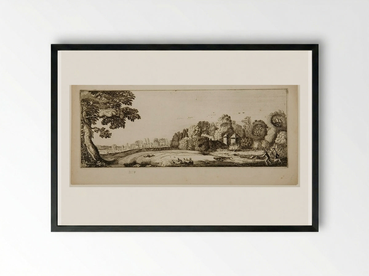 Huntsmen with Hounds near a Farm - Jan van de Velde II - Framed Print Black