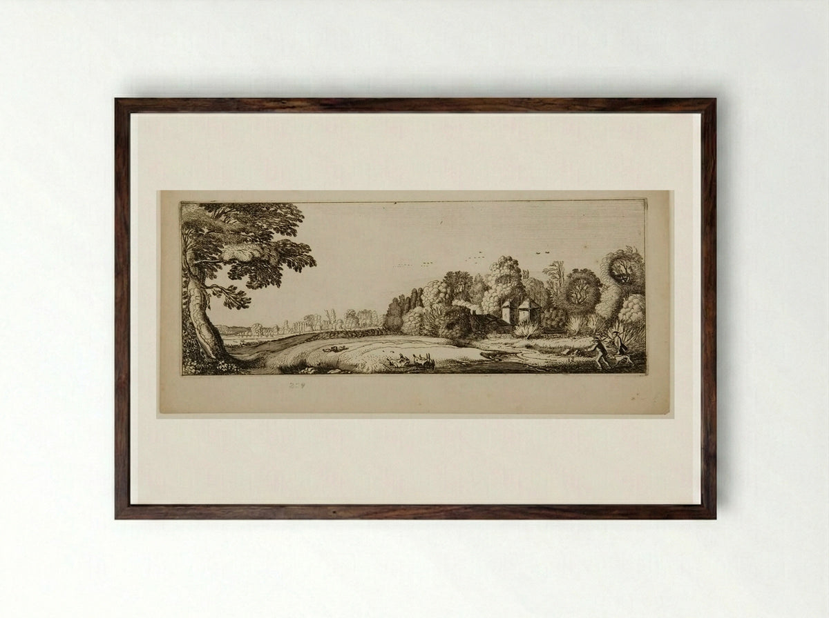 Huntsmen with Hounds near a Farm - Jan van de Velde II - Framed Print Dark Wood