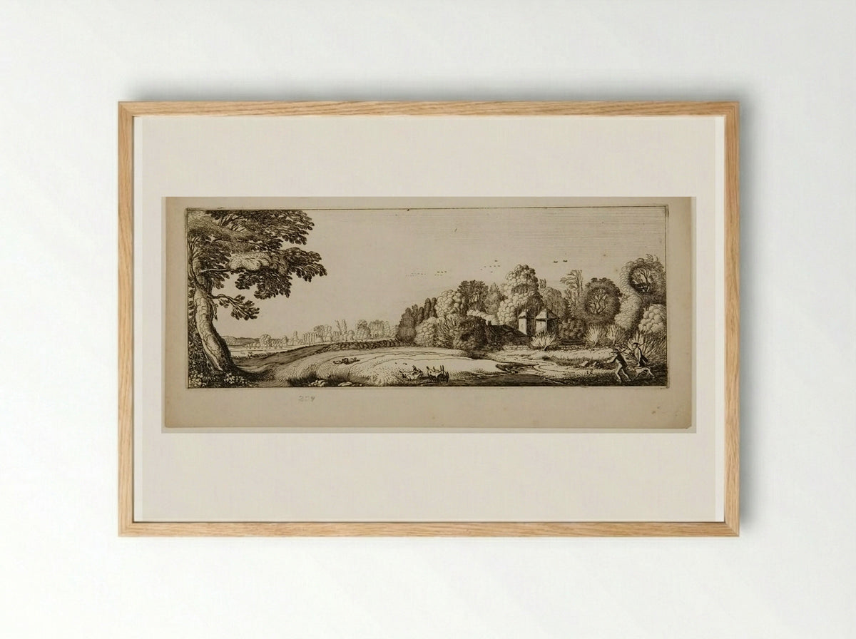 Huntsmen with Hounds near a Farm - Jan van de Velde II - Framed Print Wood