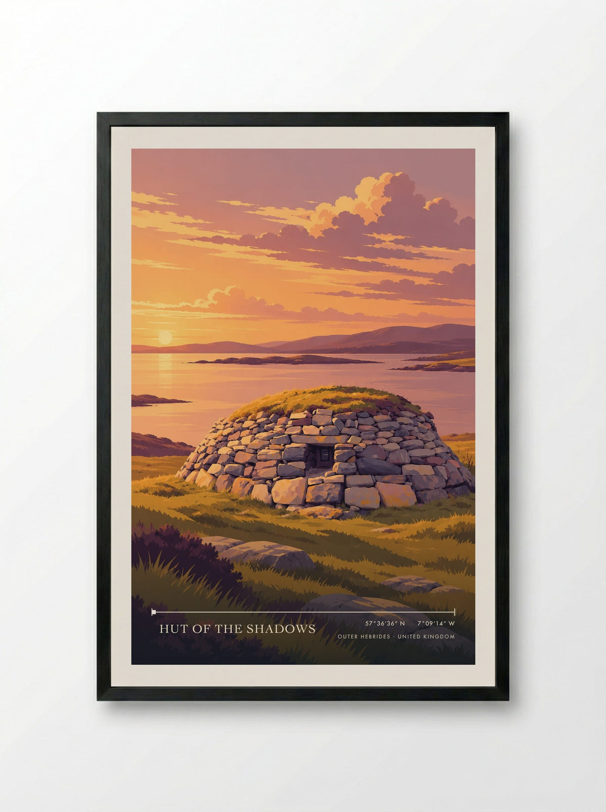 Hut of the Shadows, Outer Hebrides | Travel Poster - Framed Print Black