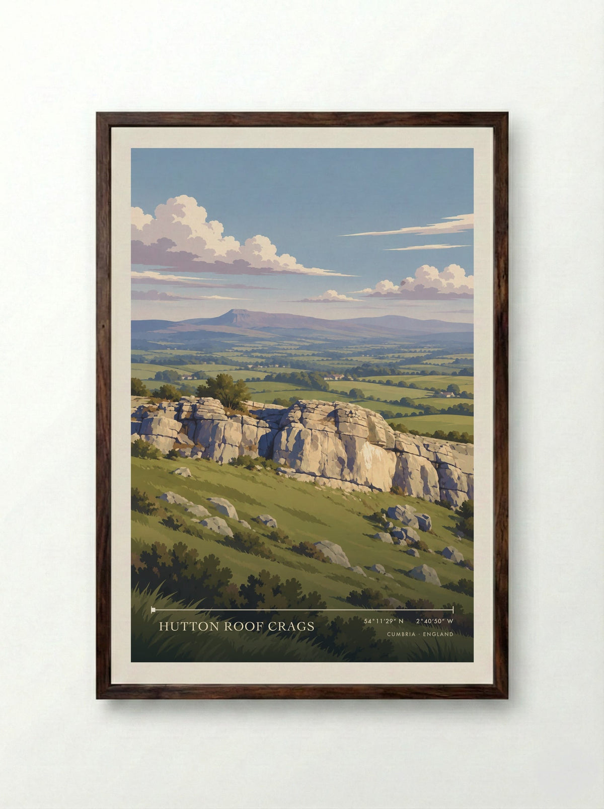 Hutton Roof Crags, Cumbria | Travel Poster - Framed Print Dark Wood