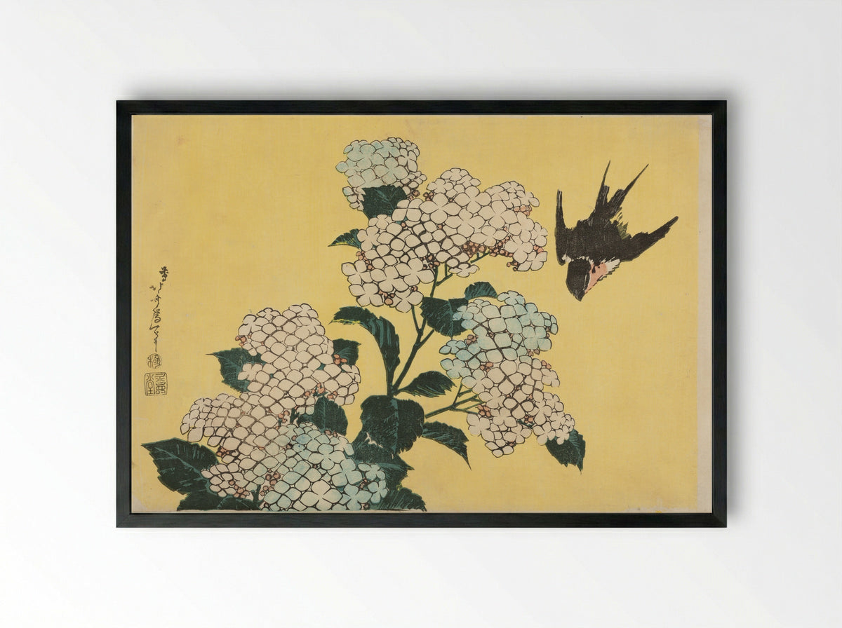 Hydrangea and Swallow - Katsushika Hokusai - Framed Print Black