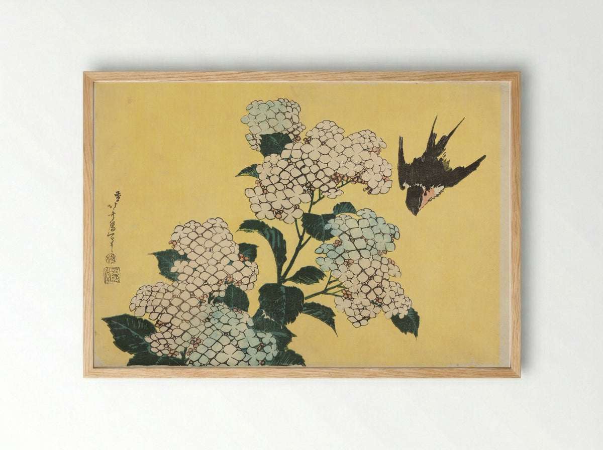 Hydrangea and Swallow - Katsushika Hokusai - Framed Print Wood