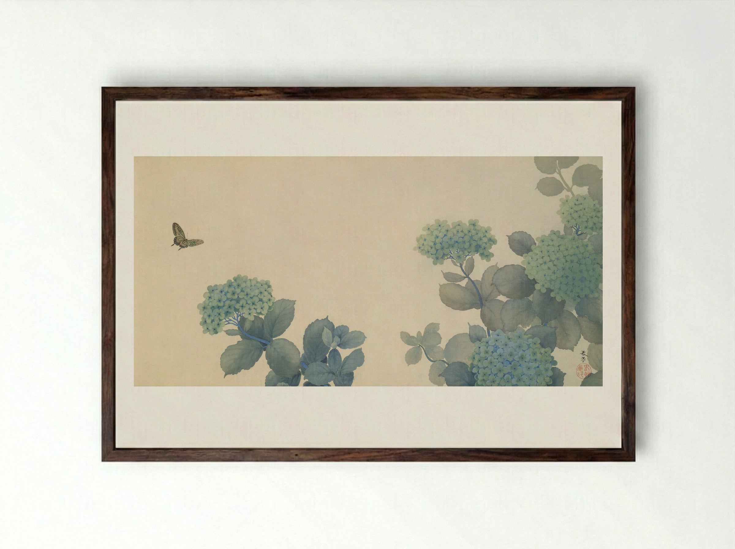 Hydrangeas - Hishida Shunso - Framed Print Dark Wood