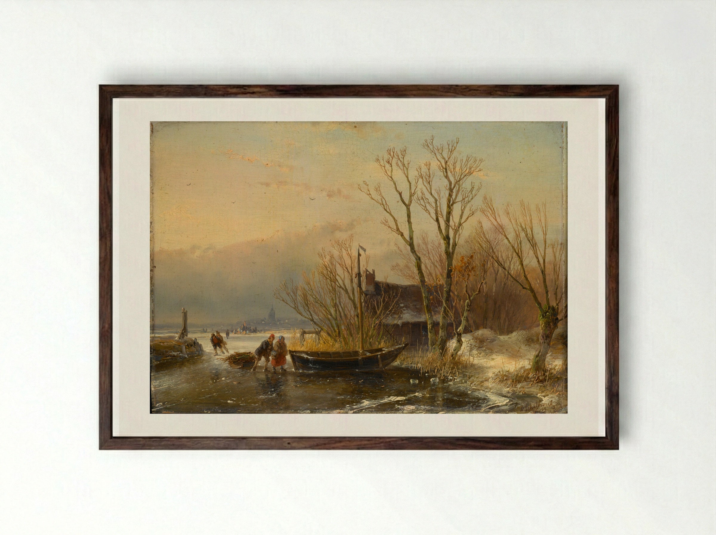 IJsgezicht met houtsprokkelaars - Andreas Schelfhout - Framed Print Dark Wood