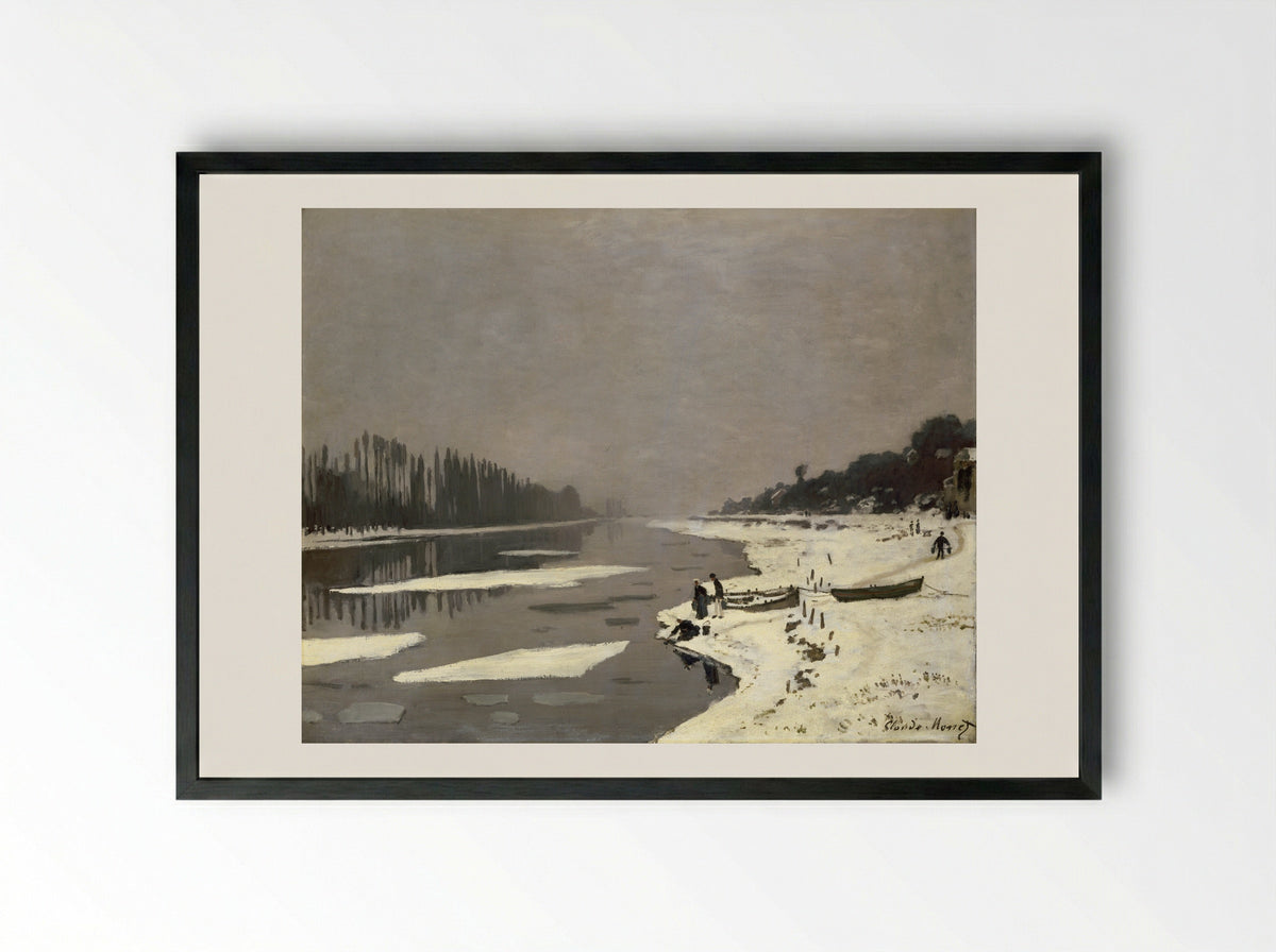 Ice Floes on the Seine at Bougival - Claude Monet - Framed Print Black