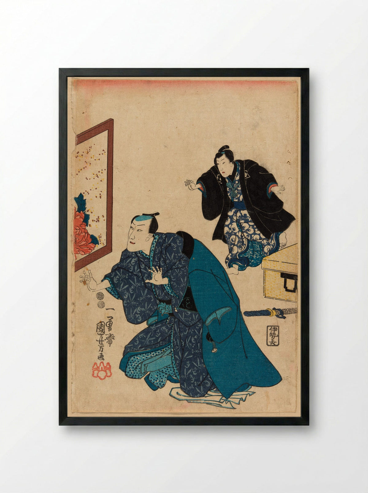 Ichikawa Danjuro VII before a screen decorated with peonies - Utagawa Kuniyoshi - Framed Print Black