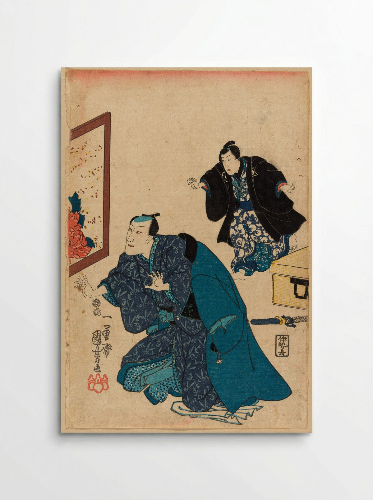 Ichikawa Danjuro VII before a screen decorated with peonies - Utagawa Kuniyoshi - Poster