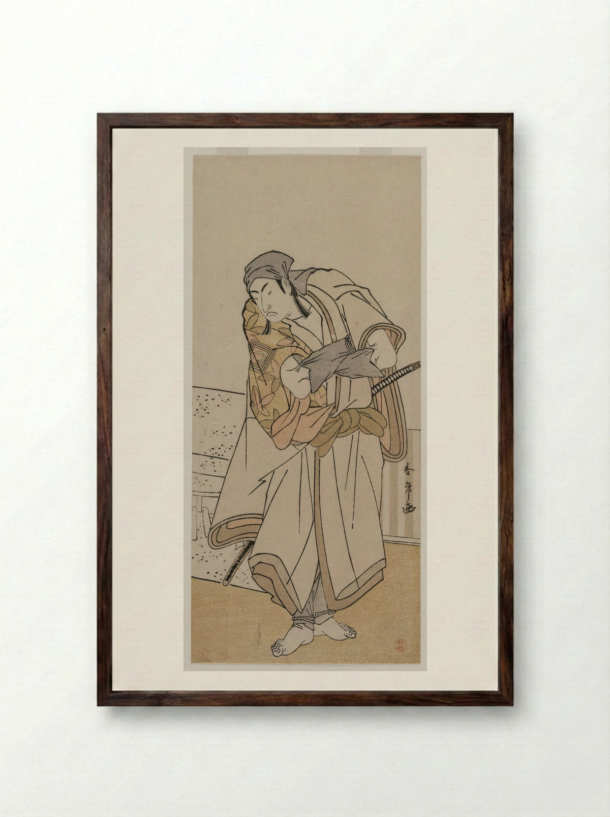 Ichikawa Monnosuke II Standing Beside a Stone Box - Katsukawa Shunjō - Framed Print Dark Wood