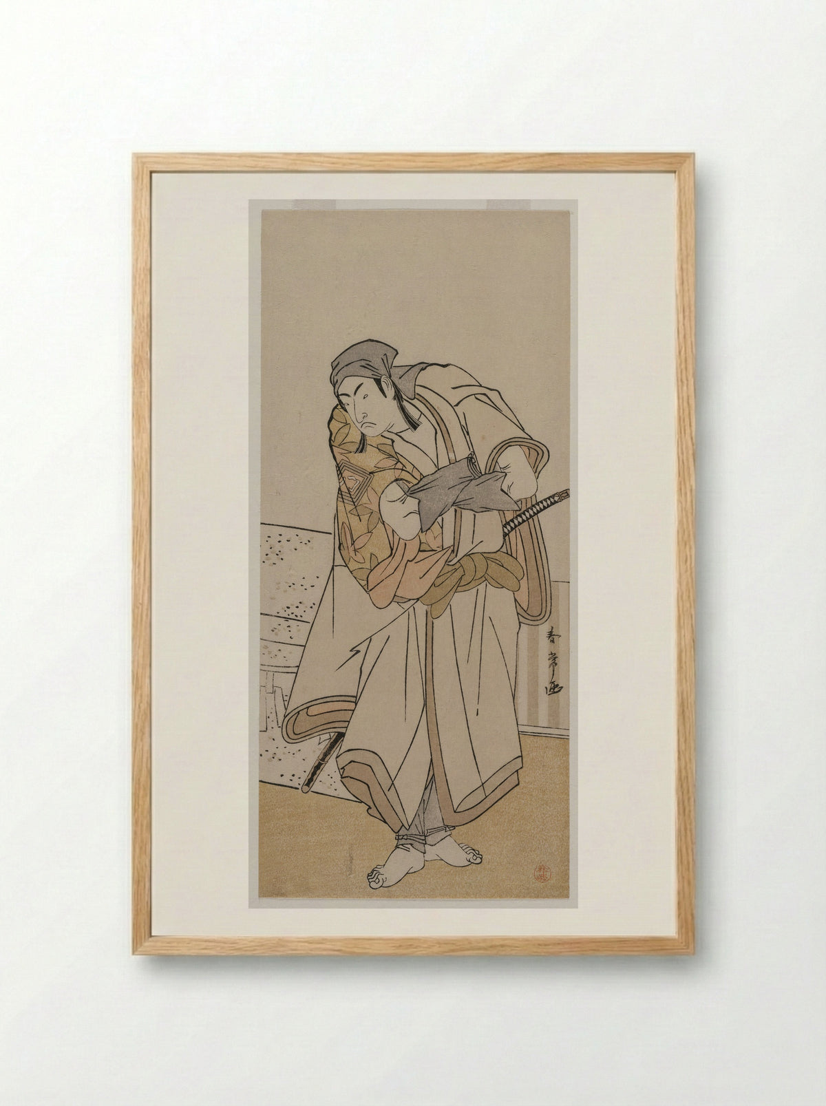 Ichikawa Monnosuke II Standing Beside a Stone Box - Katsukawa Shunjō - Framed Print Wood
