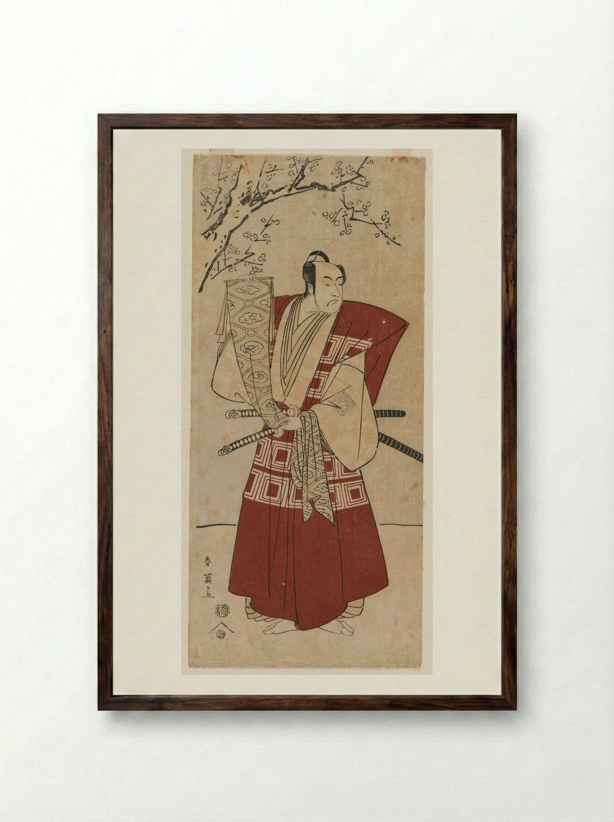 Ichikawa Monnosuke II as a Lord Holding a Banner - Katsukawa Shunei - Framed Print Dark Wood