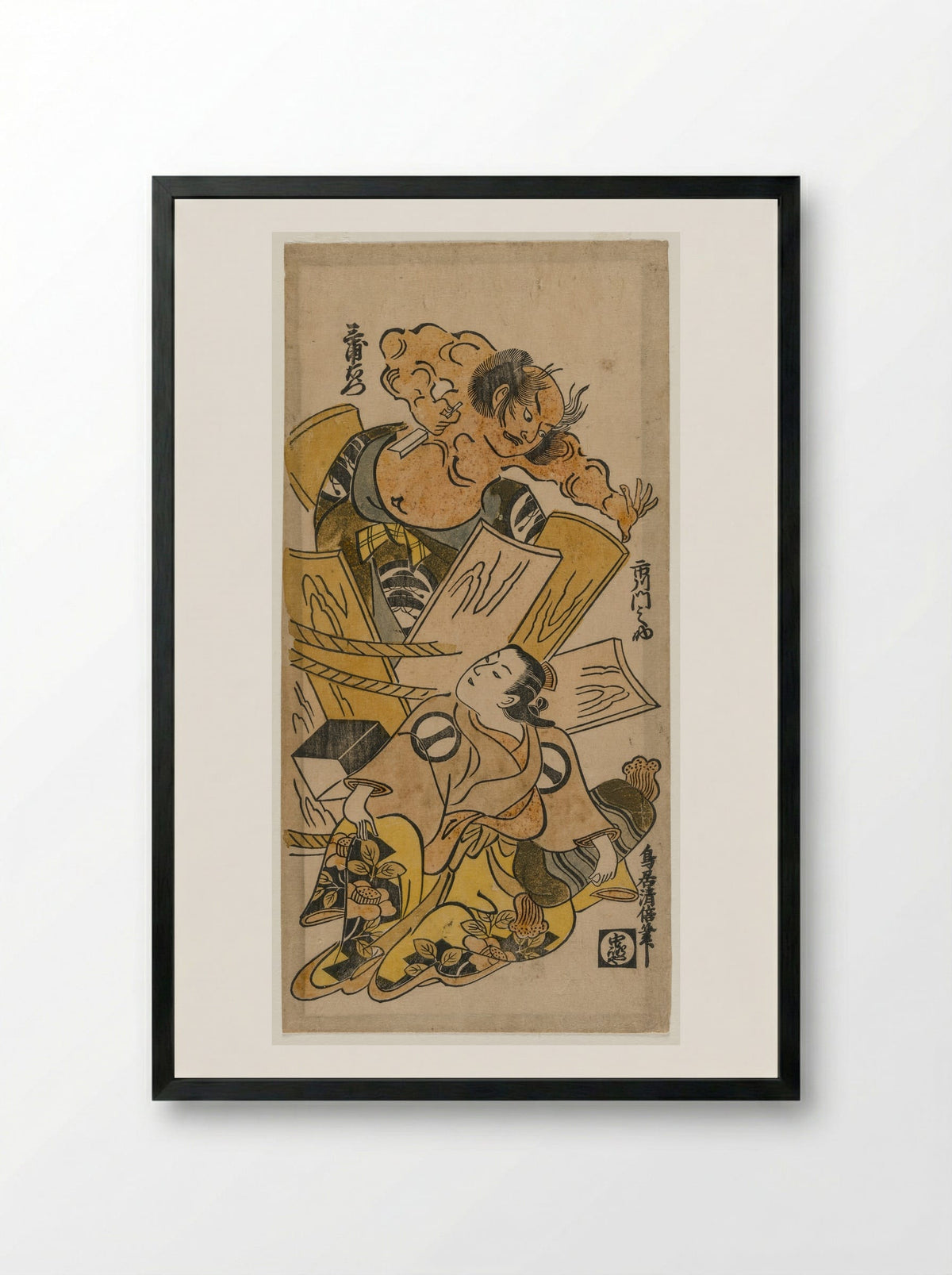 Ichikawa Monnosuke as a Courtesan and Nakajima Mioemon Bursting Out of a Barrel - Torii Kiyomasu - Framed Print Black