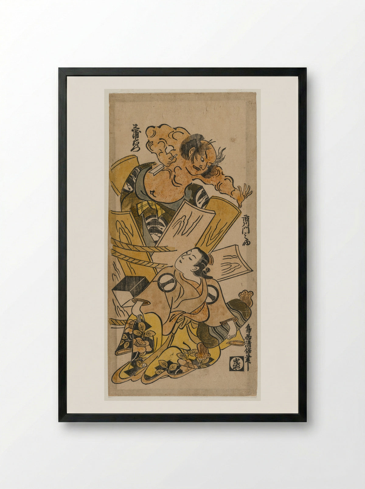 Ichikawa Monnosuke as a Courtesan and Nakajima Mioemon Bursting Out of a Barrel - Torii Kiyomasu - Framed Print Black