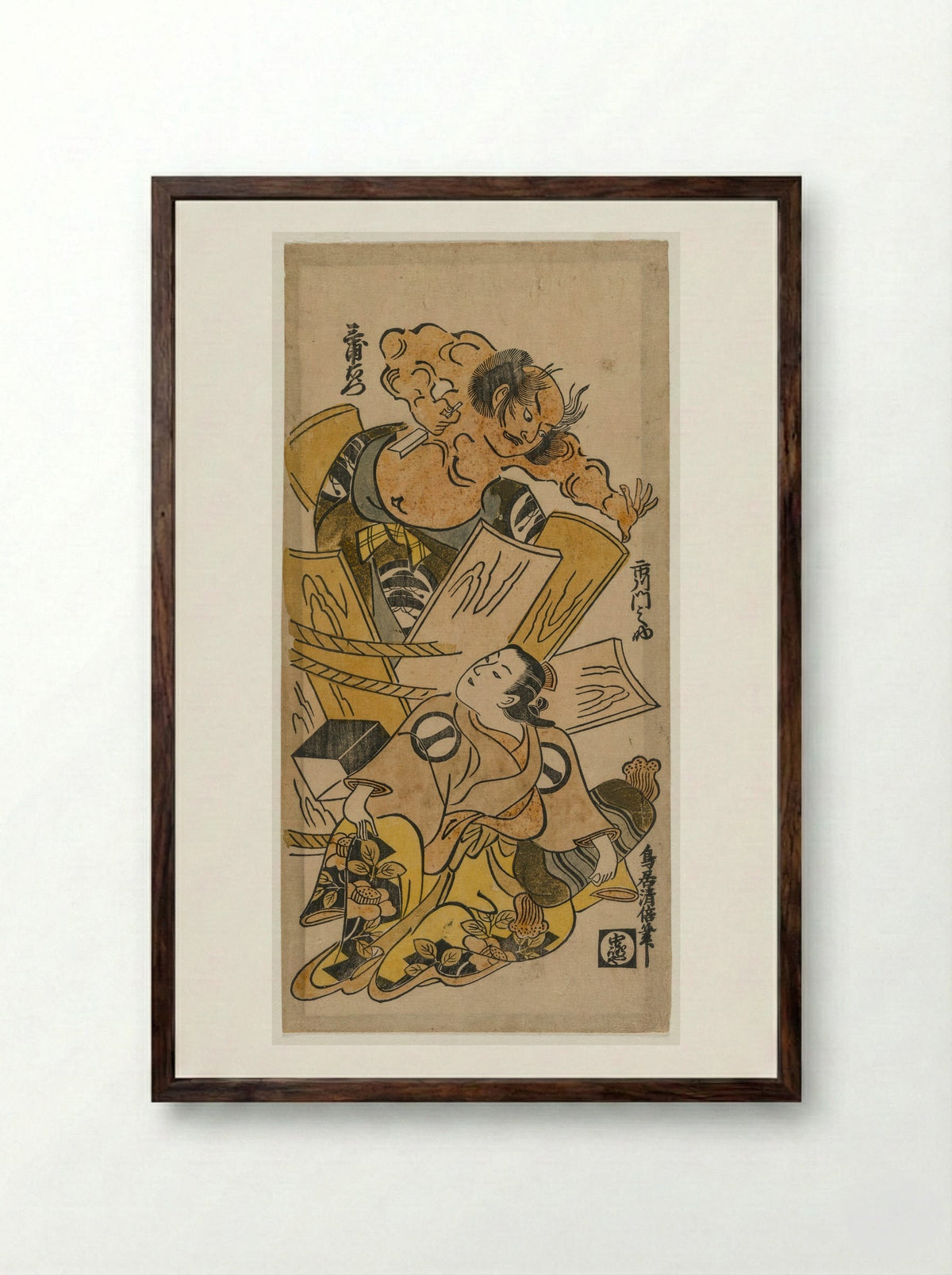 Ichikawa Monnosuke as a Courtesan and Nakajima Mioemon Bursting Out of a Barrel - Torii Kiyomasu - Framed Print Dark Wood