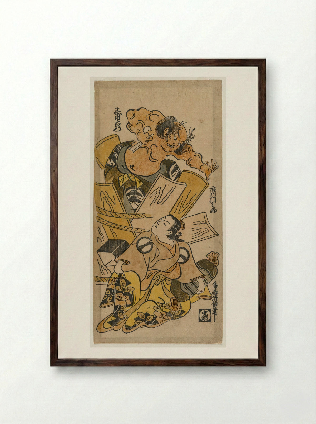 Ichikawa Monnosuke as a Courtesan and Nakajima Mioemon Bursting Out of a Barrel - Torii Kiyomasu - Framed Print Dark Wood