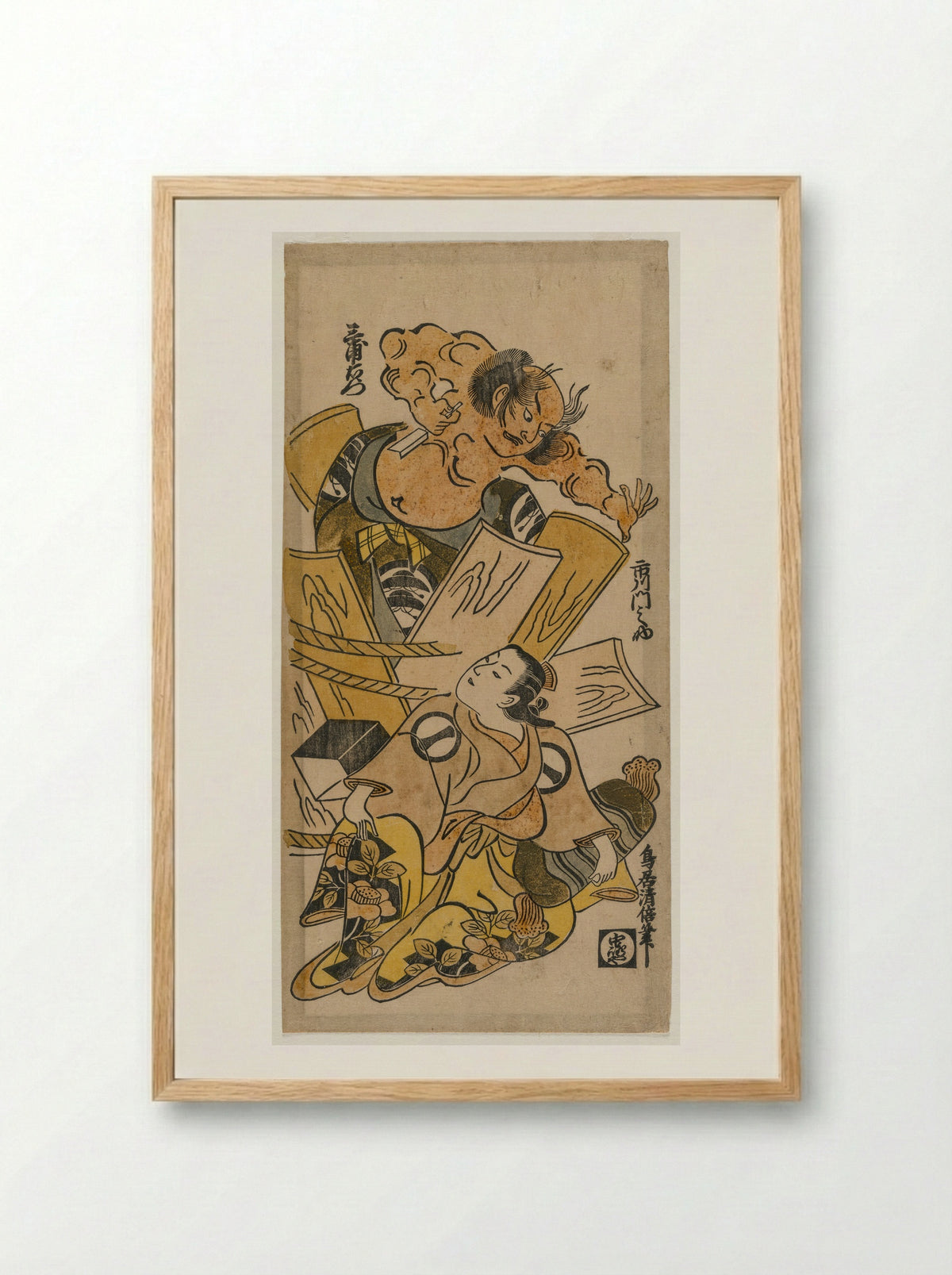Ichikawa Monnosuke as a Courtesan and Nakajima Mioemon Bursting Out of a Barrel - Torii Kiyomasu - Framed Print Wood