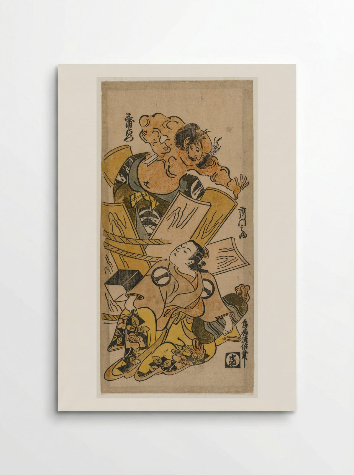 Ichikawa Monnosuke as a Courtesan and Nakajima Mioemon Bursting Out of a Barrel - Torii Kiyomasu - Poster