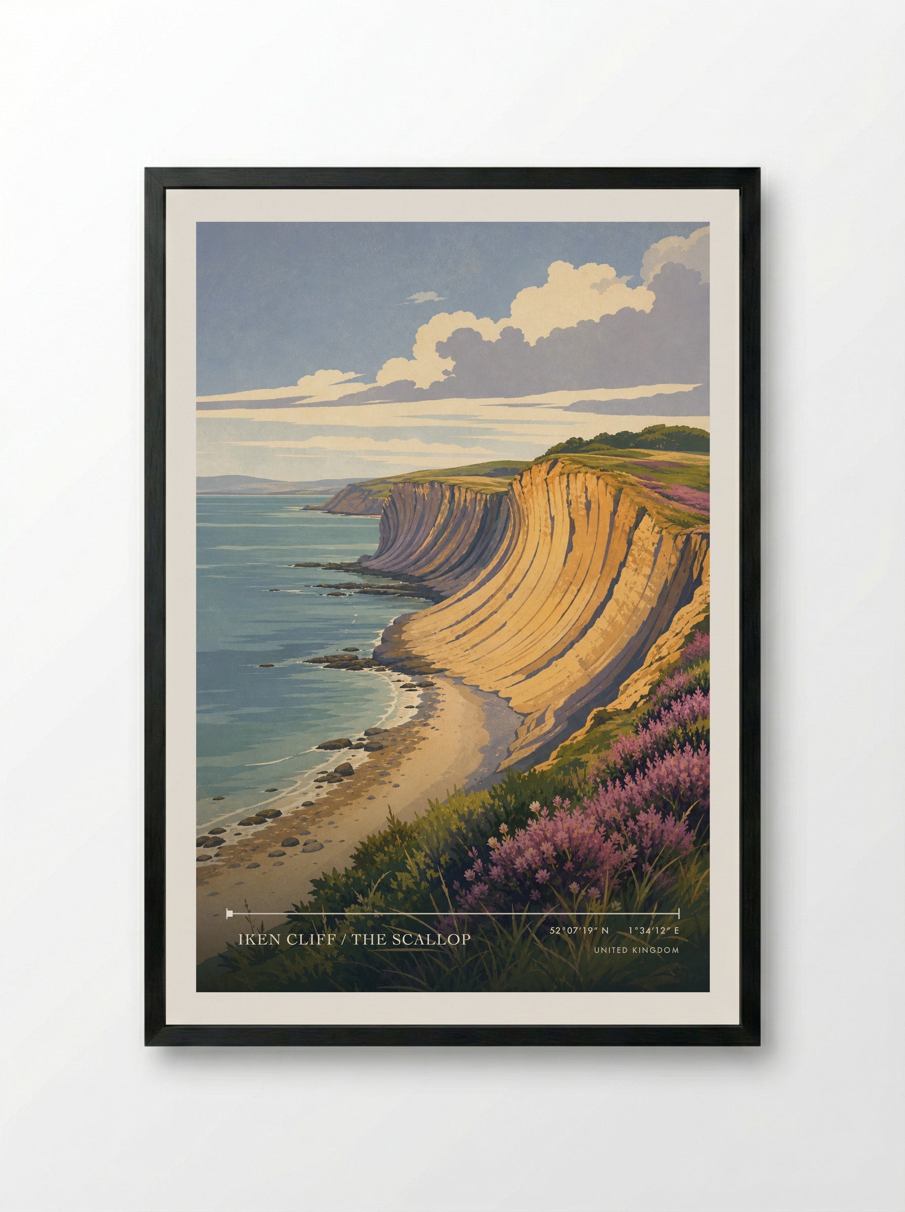 Iken Cliff / The Scallop United Kingdom Travel Poster - Framed Print Black