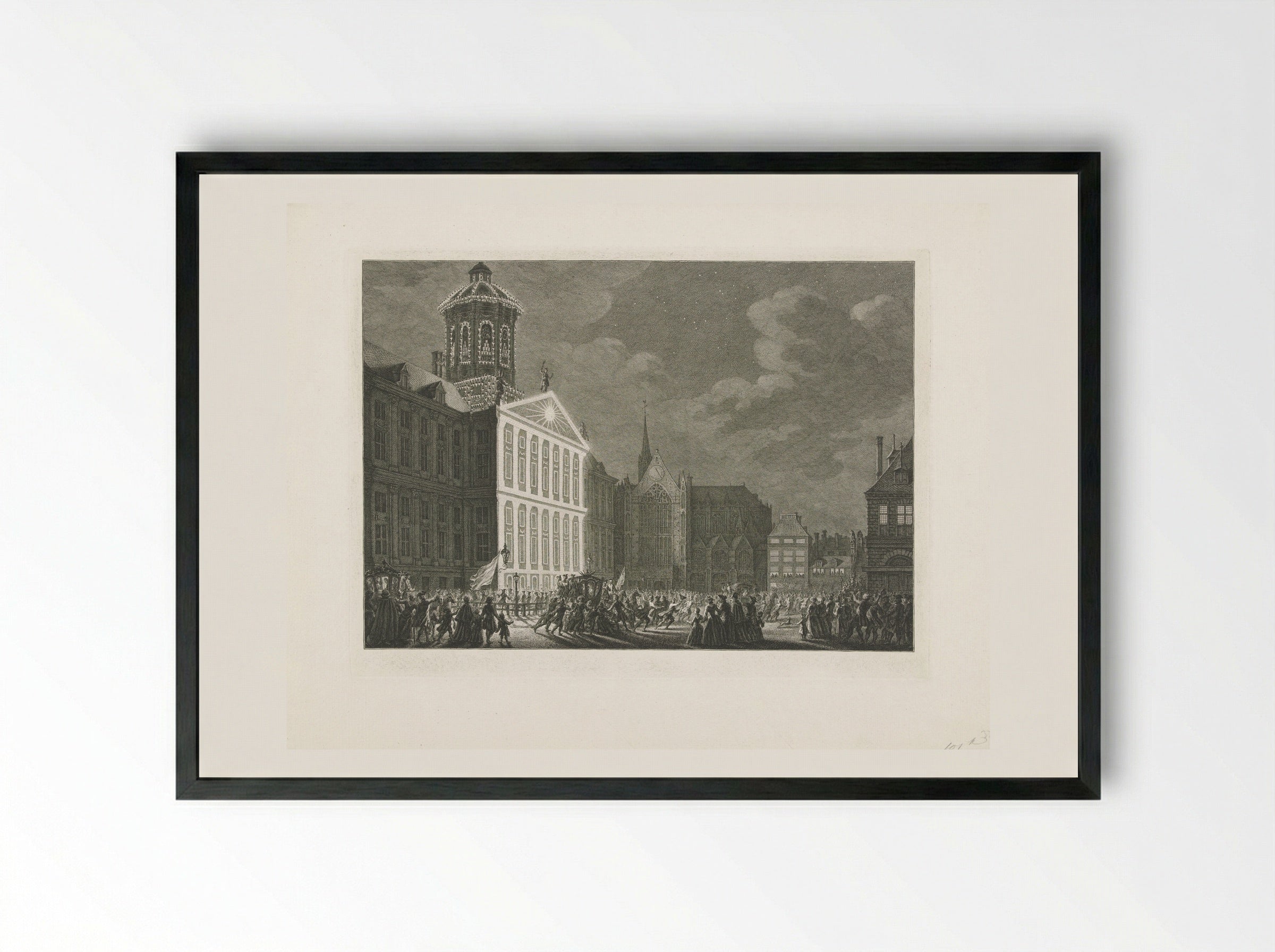 Illuminatie van het stadhuis voor Willem V en Wilhelmina van Pruisen - Simon Fokke - Framed Print Black