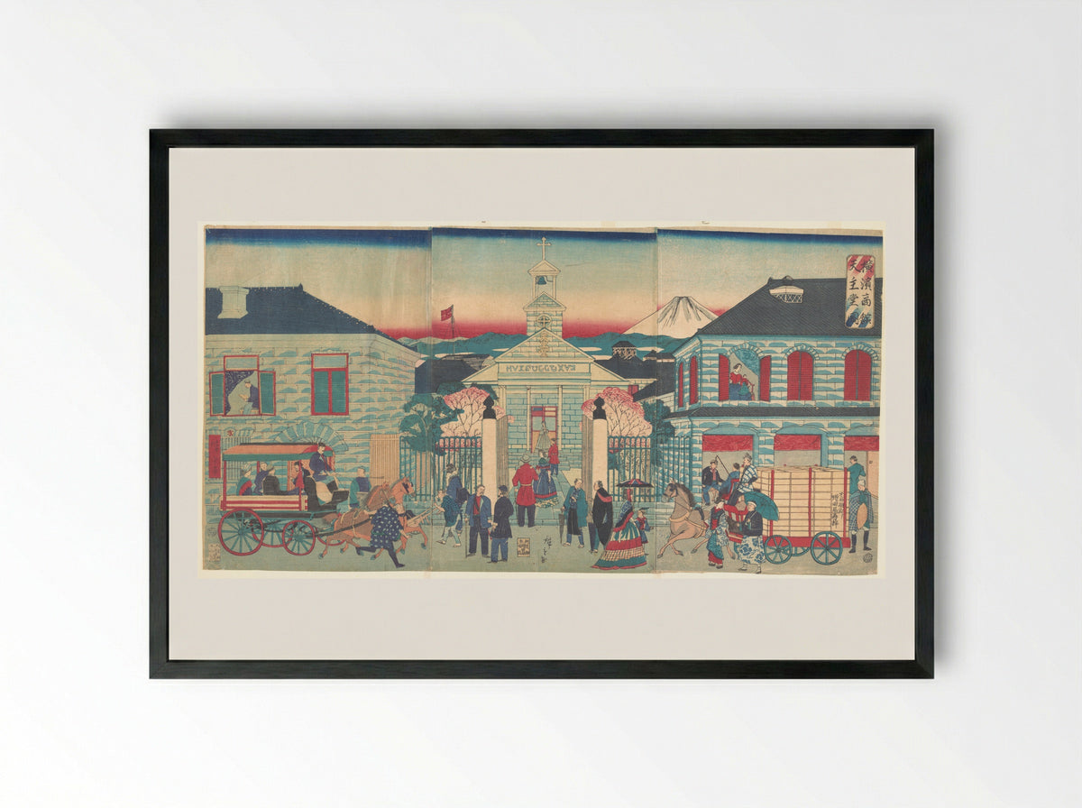 Illustration of Foreign Residences and the Catholic Church in Yokohama - Utagawa Hiroshige III - Framed Print Black