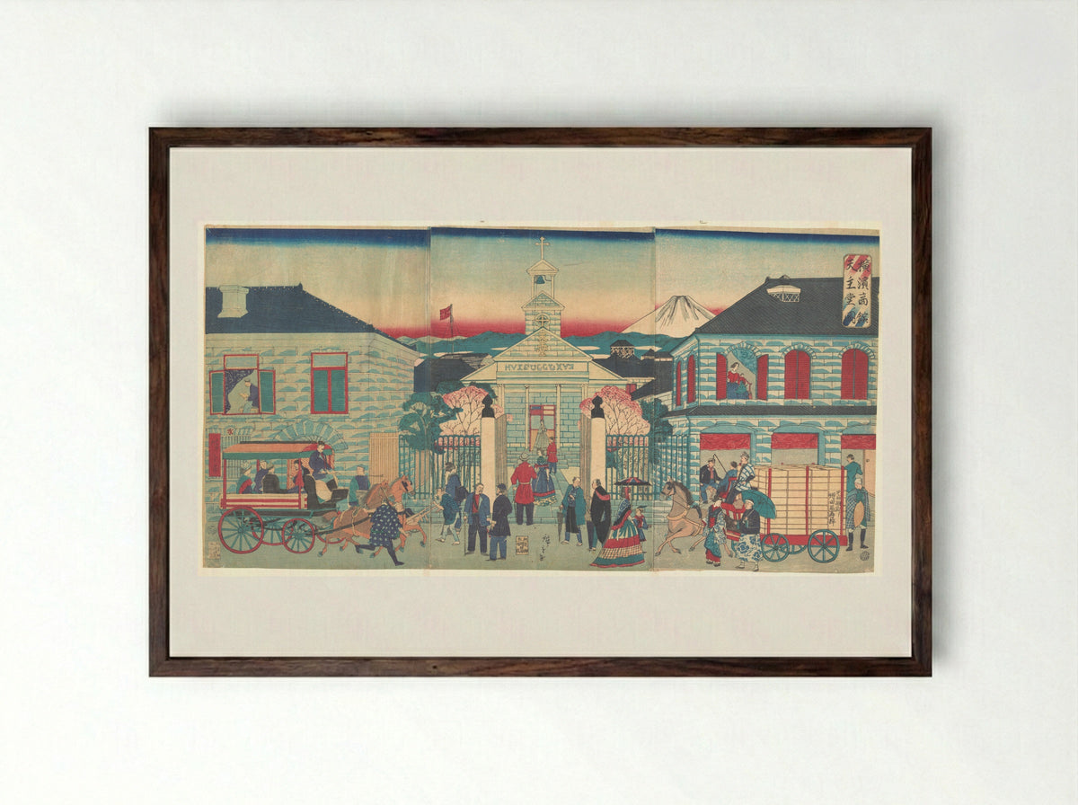 Illustration of Foreign Residences and the Catholic Church in Yokohama - Utagawa Hiroshige III - Framed Print Dark Wood