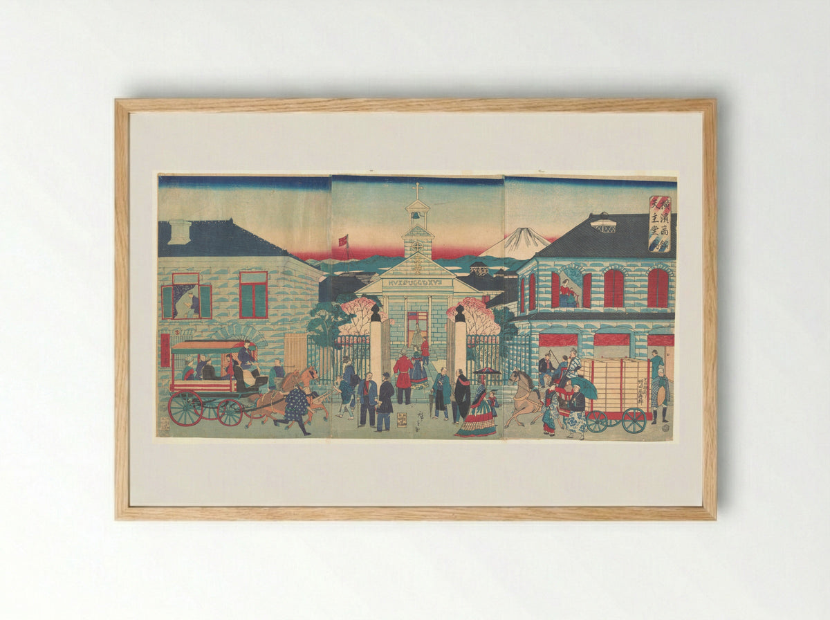 Illustration of Foreign Residences and the Catholic Church in Yokohama - Utagawa Hiroshige III - Framed Print Wood
