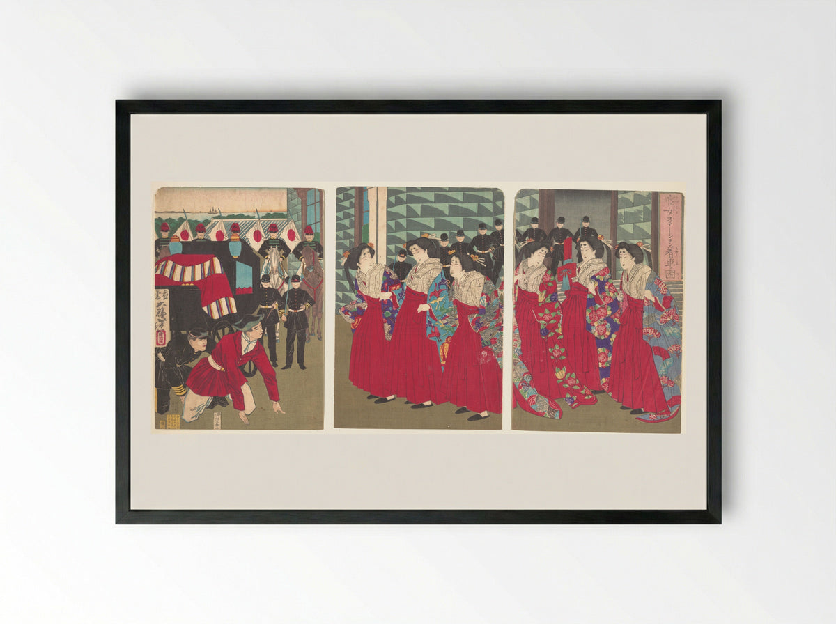 Illustration of Ladies-in-waiting boarding at a station - Tsukioka Yoshitoshi - Framed Print Black
