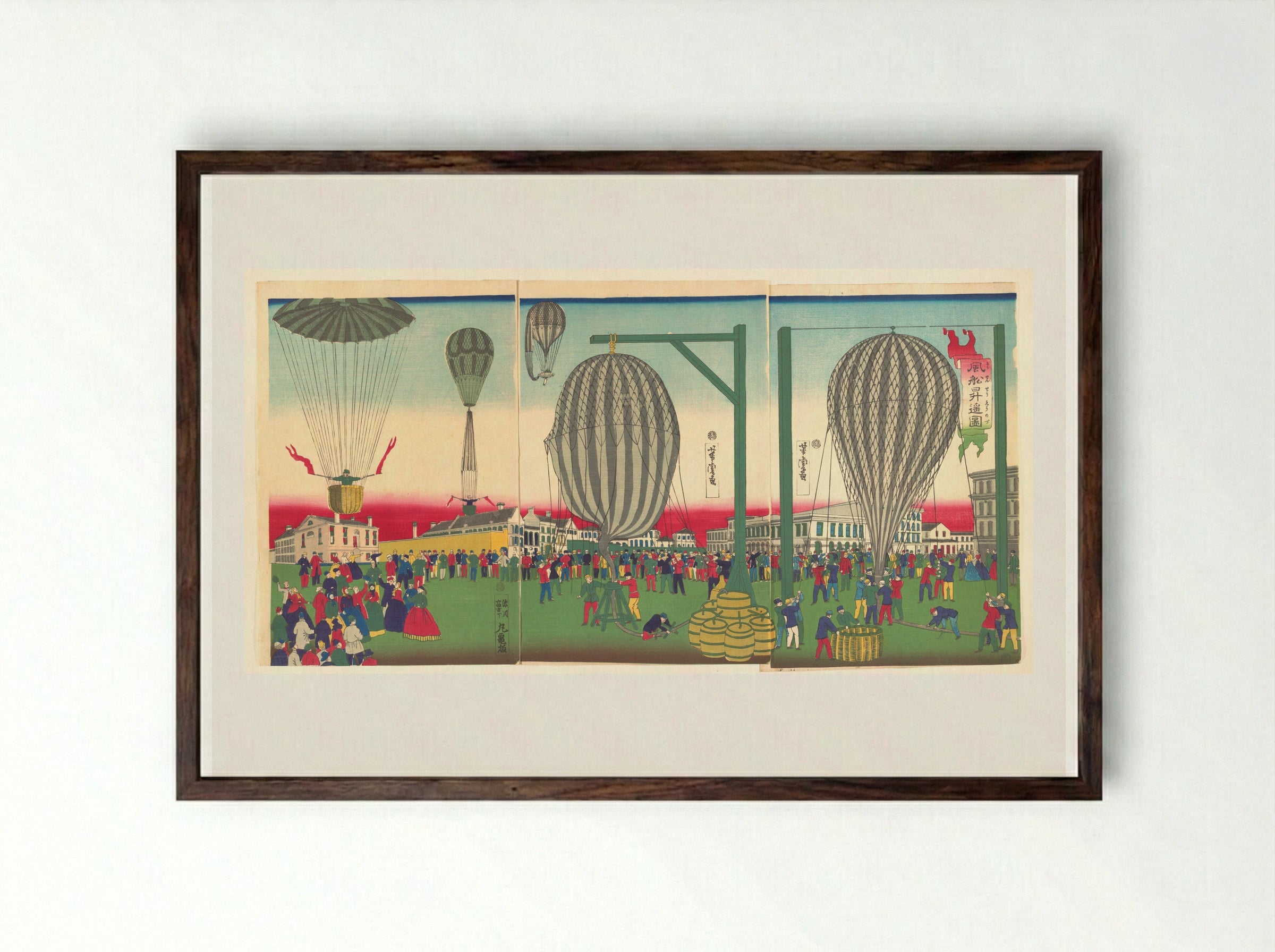 Illustration of a Balloon Ascending (Fūsen shōyō no zu) - Utagawa Yoshitora - Framed Print Dark Wood